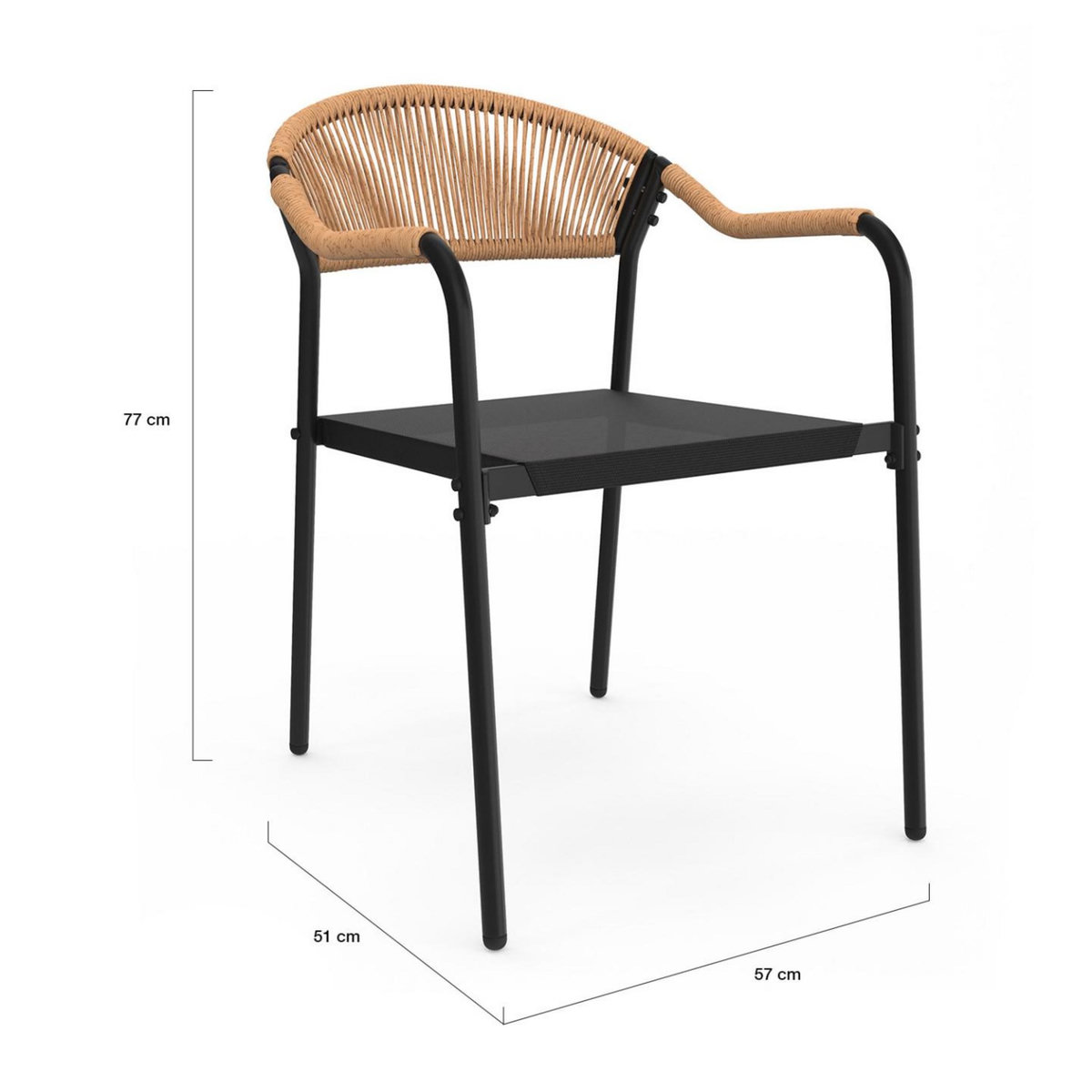 ID MARKET Lot de 4 chaises de jardin MADEIRA métal, cordage et textilène noir et rotin clair