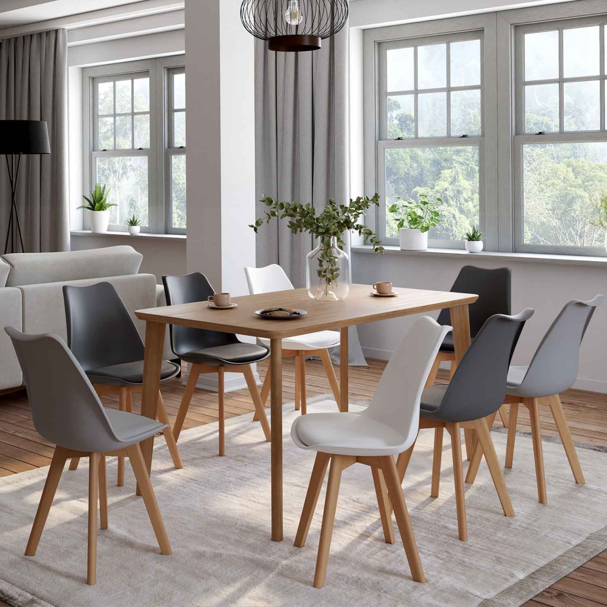Voir la diapositive 2 : ID MARKET Lot de 8 chaises scandinaves sara mix color blanc x2, gris clair x2, gris foncé x2, noir x2