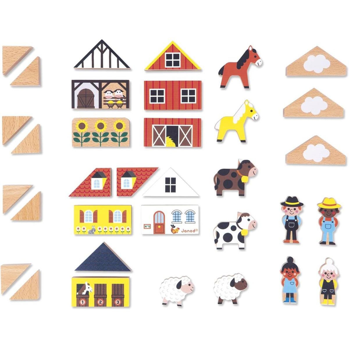 Juratoys-Janod Set de 34 blocs en bois Thème Campagne