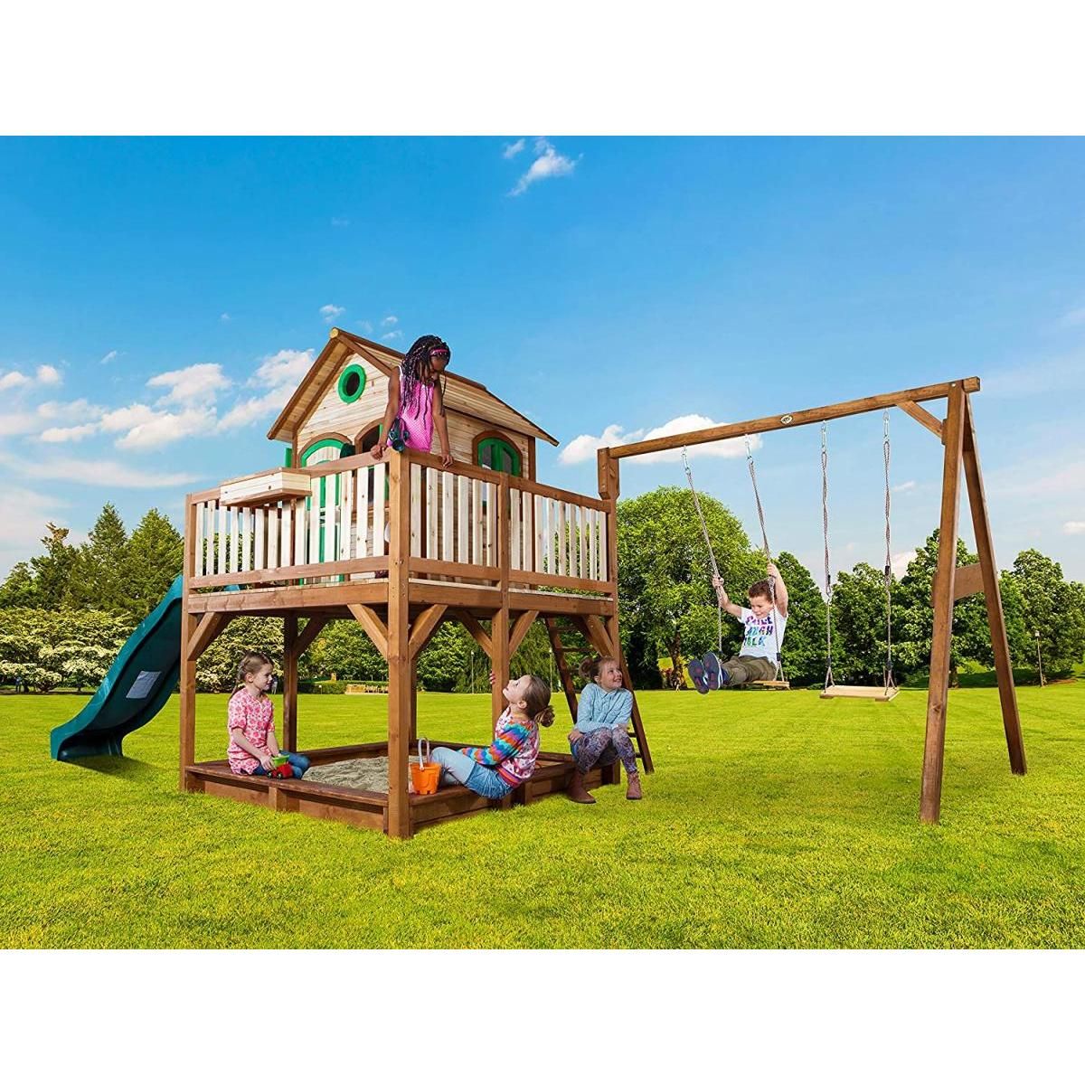 Axi House Axi Maisonnette LIAM Brun Vert avec 2 balancoires toboggan et bac à sable