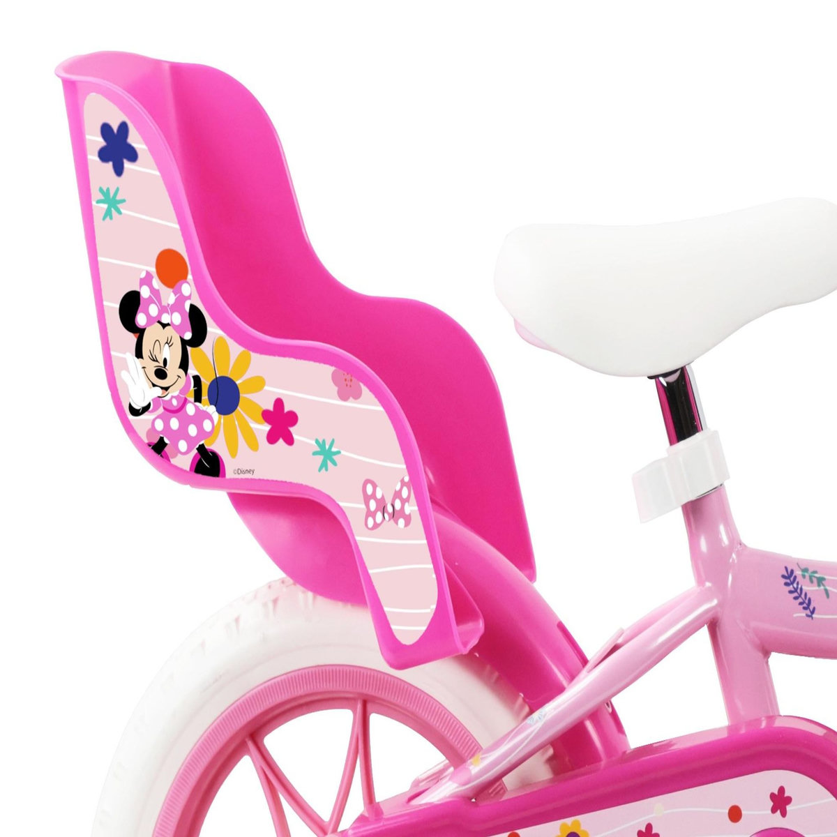 MINNIE Vélo enfant 12'' Minnie / Disney ( taille < 90/95 cm ) équipé de 1 frein avant, panier avant, porte poupée1 stabilisateurs.