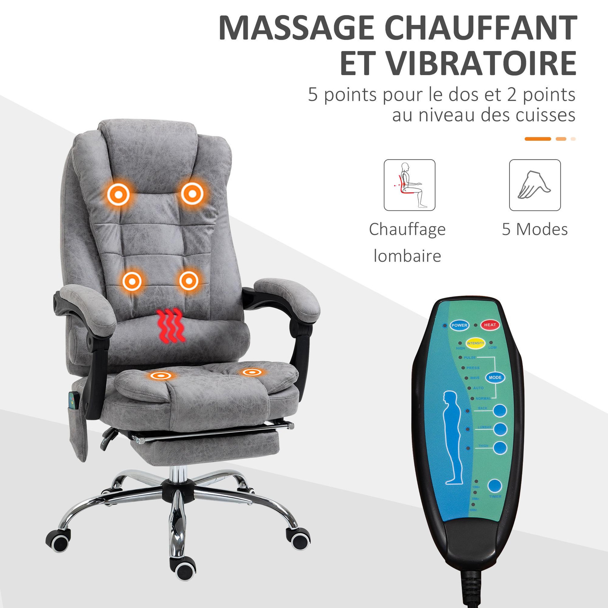 Voir la diapositive 4 : VINSETTO Fauteuil de bureau direction massant chauffant hauteur réglable dossier inclinable repose-pied rétractable tissu technique gris