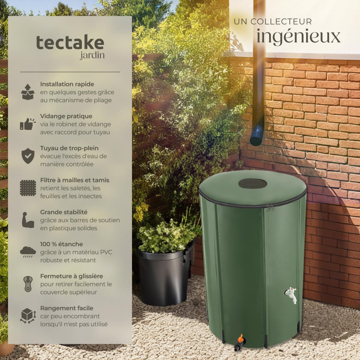 tectake Tonneau récupérateur d'eau de pluie avec robinet et protection anti-débordement vert 380 L