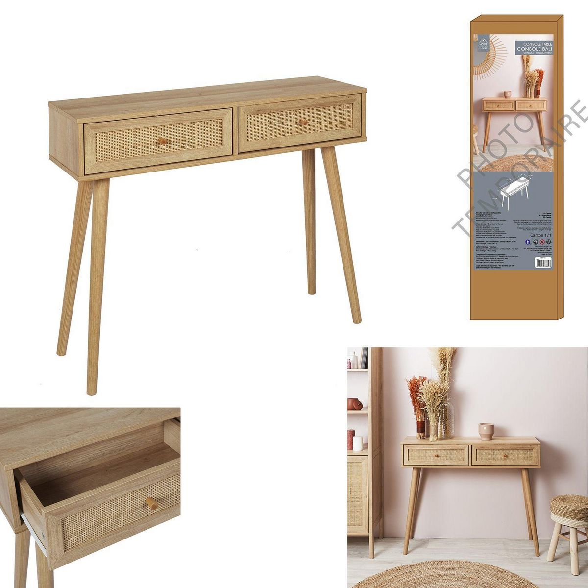 TOILINUX Console Bali à 2 tiroirs effet cannage - Beige