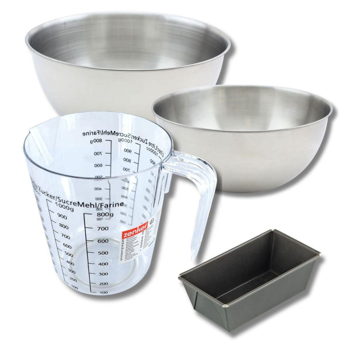ZENKER Set pâtisserie avec mini moule à cake 16 cm, 2 bols à mixer, verre mesureur et spatule Zenker