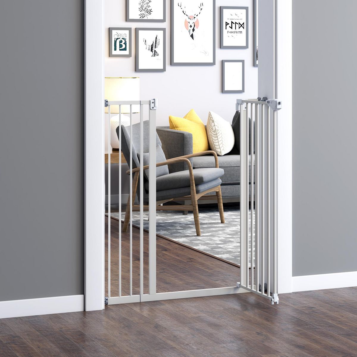 PAWHUT Barrière de sécurité longueur réglable dim. 74-84 cm ou 92-102 cm sans perçage métal plastique blanc