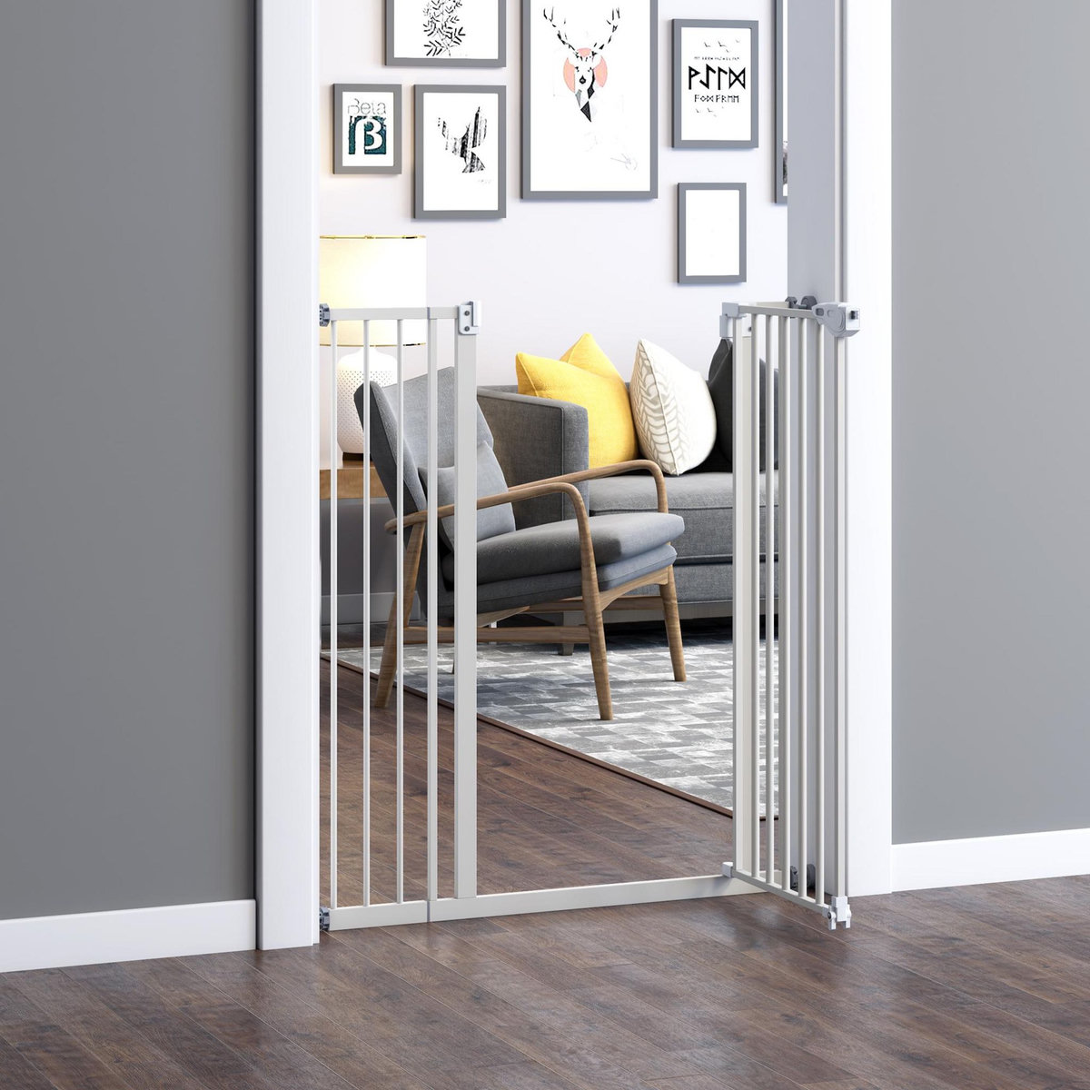 PAWHUT Barrière de sécurité longueur réglable dim. 74-84 cm ou 92-102 cm sans perçage métal plastique blanc