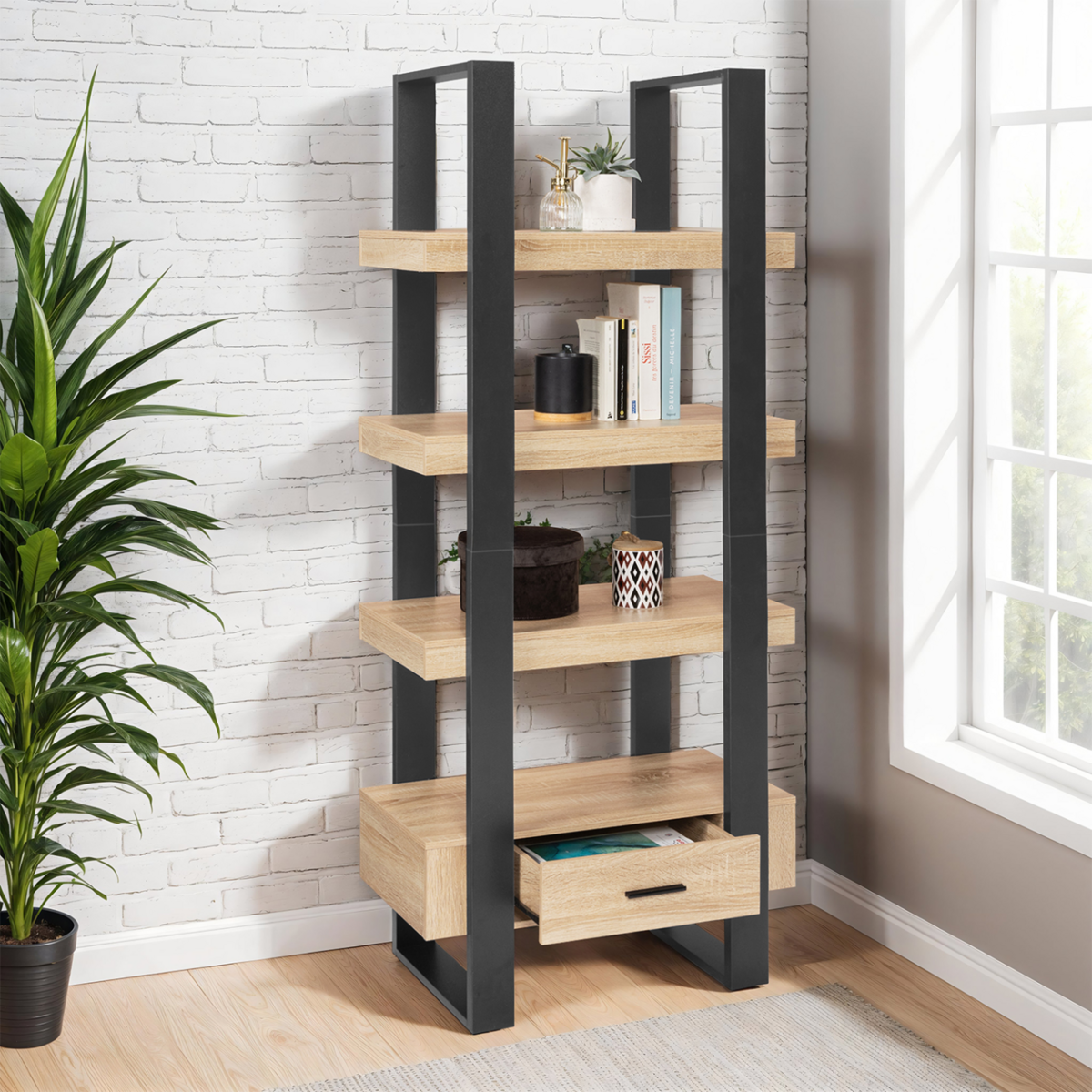 ID MARKET Etagère 4 niveaux avec tiroir PHOENIX bois et noir