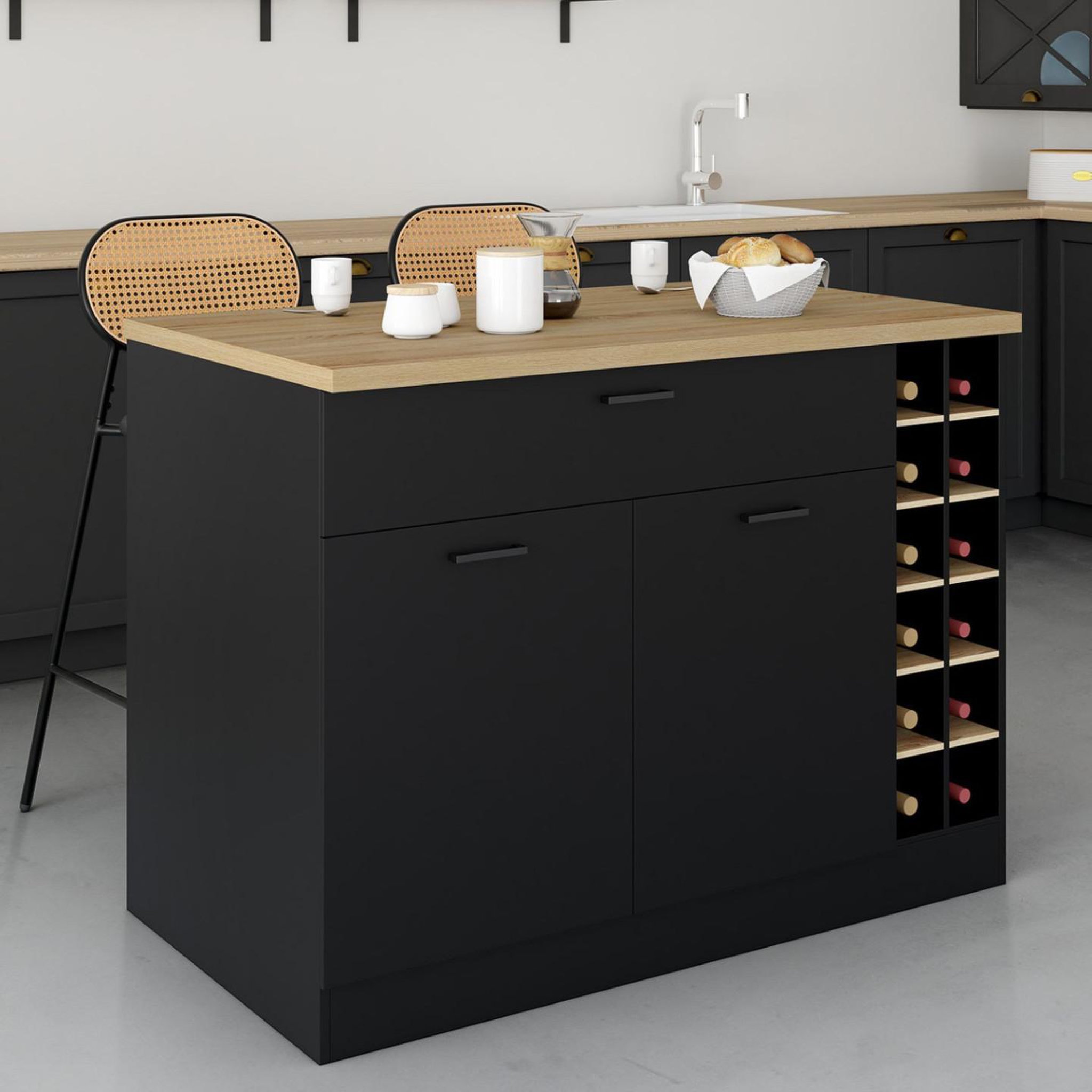 Voir la diapositive 2 : ID MARKET Ilot central george avec range-bouteilles placard et tiroir bois noir avec plan de travail façon hêtre