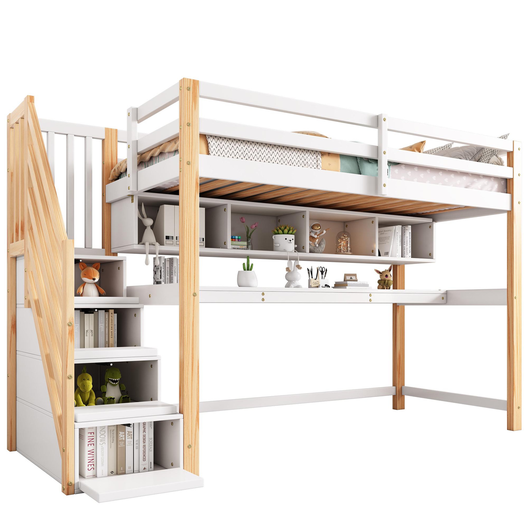 MERAX Lit combiné enfant 90x200cm bois coloris blanc+naturel