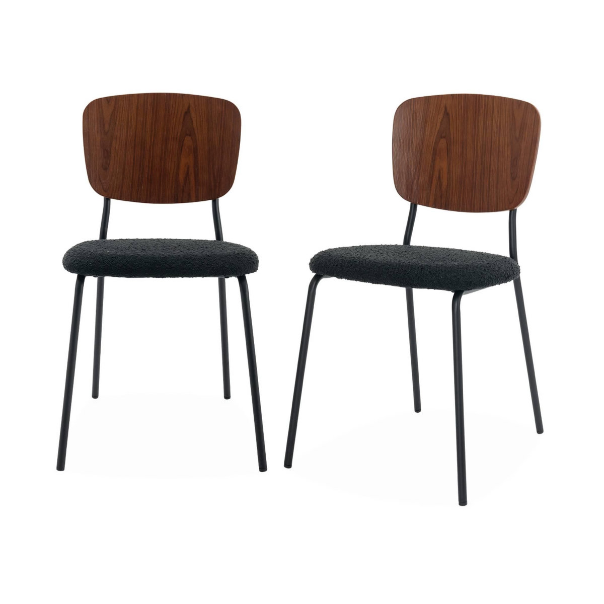 SWEEEK Lot de 2 chaises assise bouclette texturée noire. dossier bois de peuplier courbé. pieds en métal noir mat