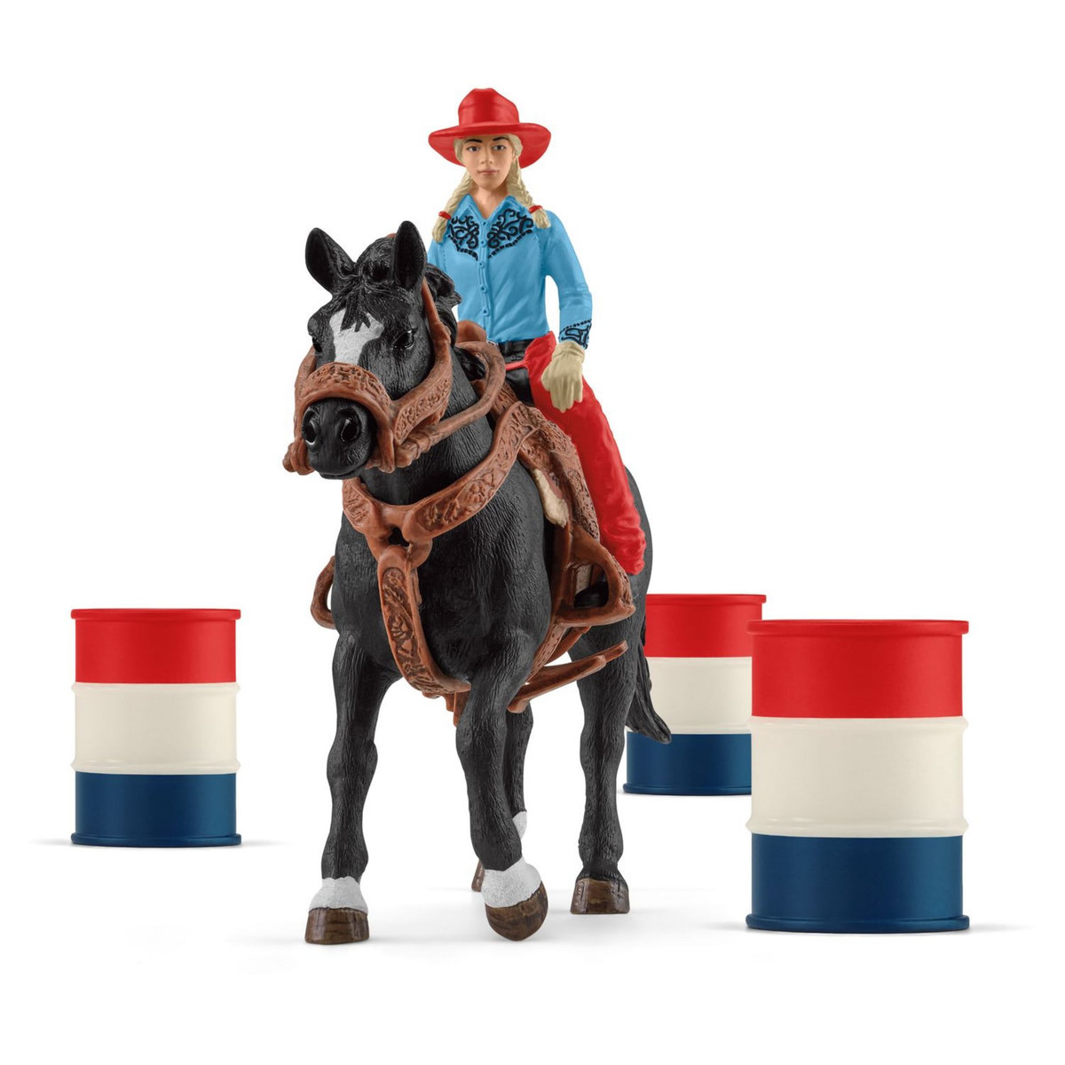 Schleich Cowgirl et Tonneaux de Racing