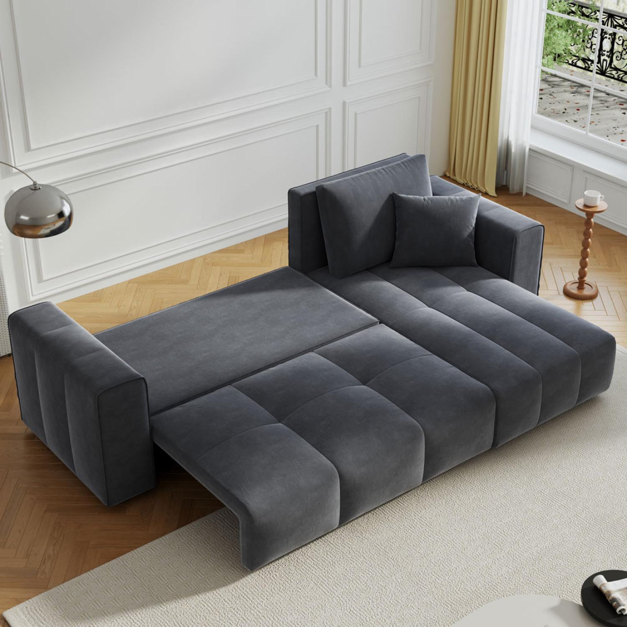 Voir la diapositive 3 : CONCEPT USINE Canapé d'angle convertible 4 places avec coffre en velours gris anthracite brighton