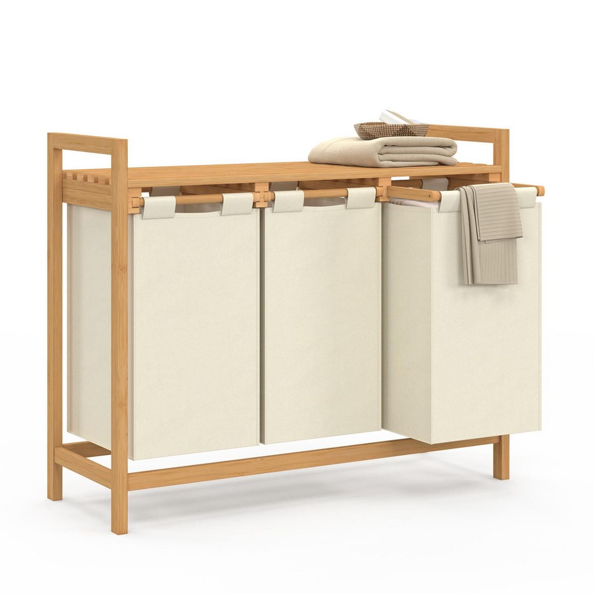 ID MARKET Panier à linge 3 bacs bambou BEA tissu écru