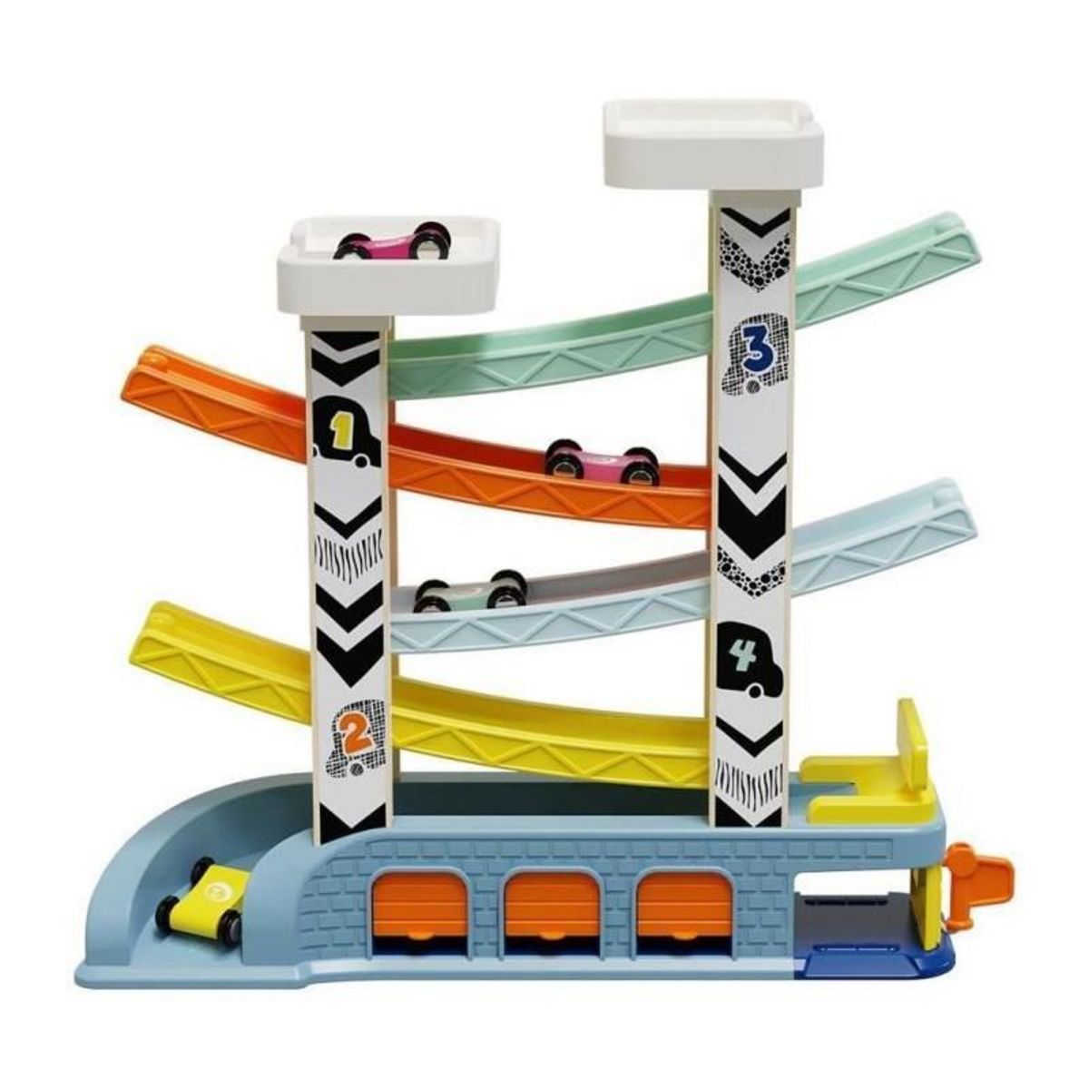 GENERIQUE Circuit Automobile - TOP BRIGHT - 4 Voitures de Course - 4 Rampes - 2 Niveaux de Parking - Station-Service