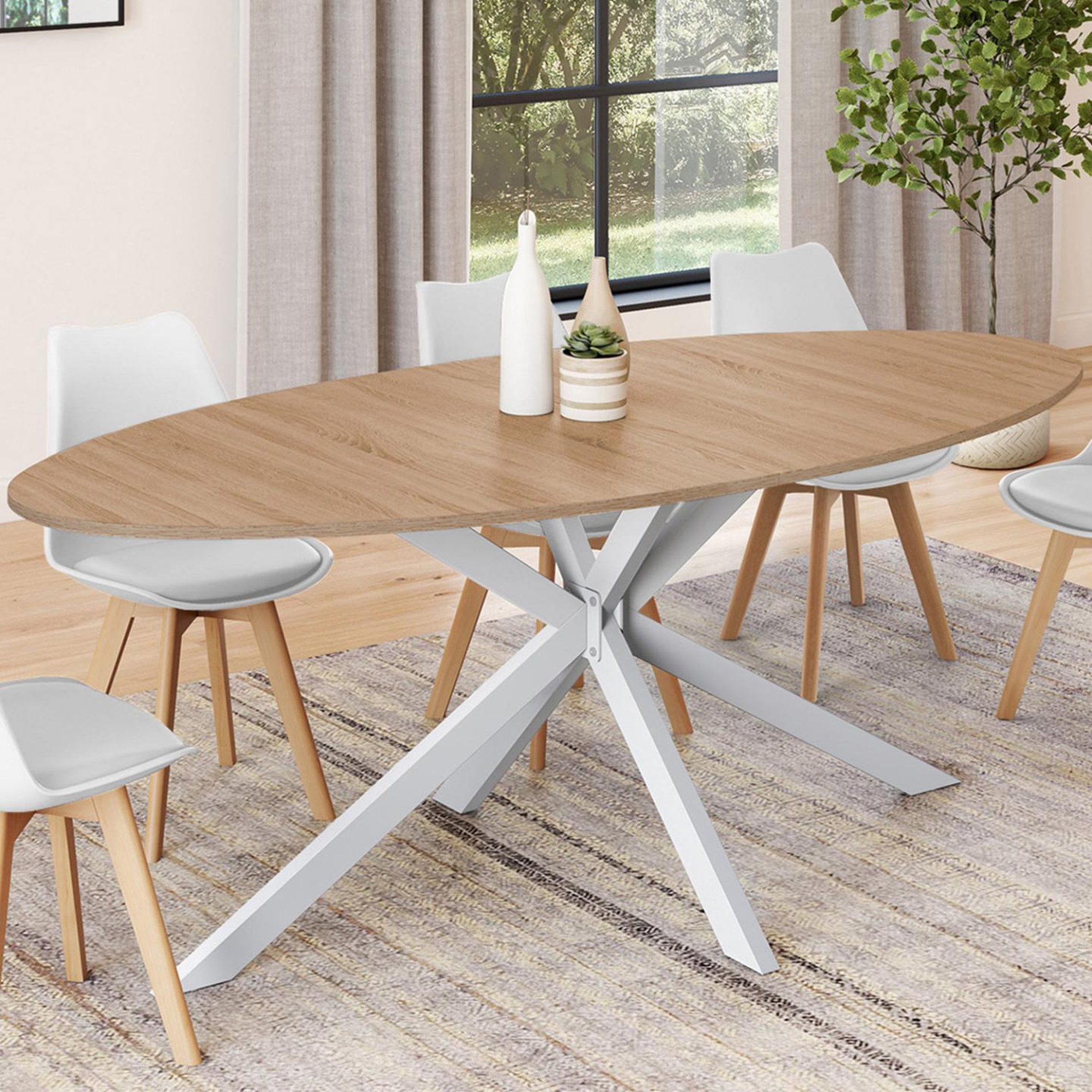 Voir la diapositive 2 : ID MARKET Table à manger ovale alix 10 personnes pied araignée bois et blanc 200 cm