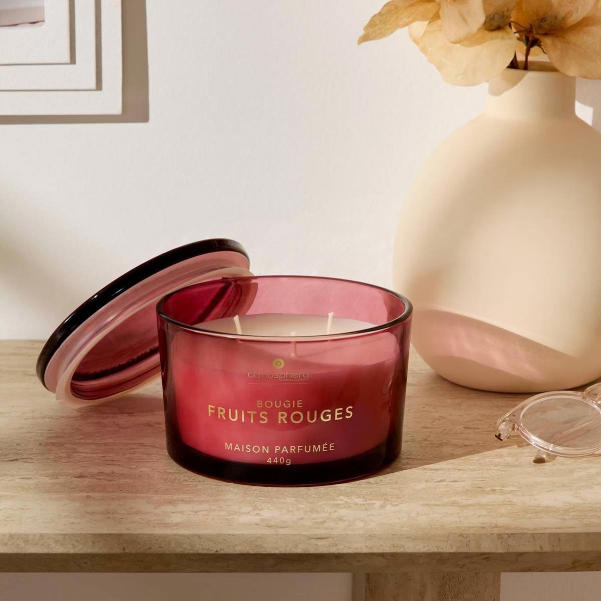 ATMOSPHERA Bougie Parfumée en Verre  Glowy  440g Fruits Rouges