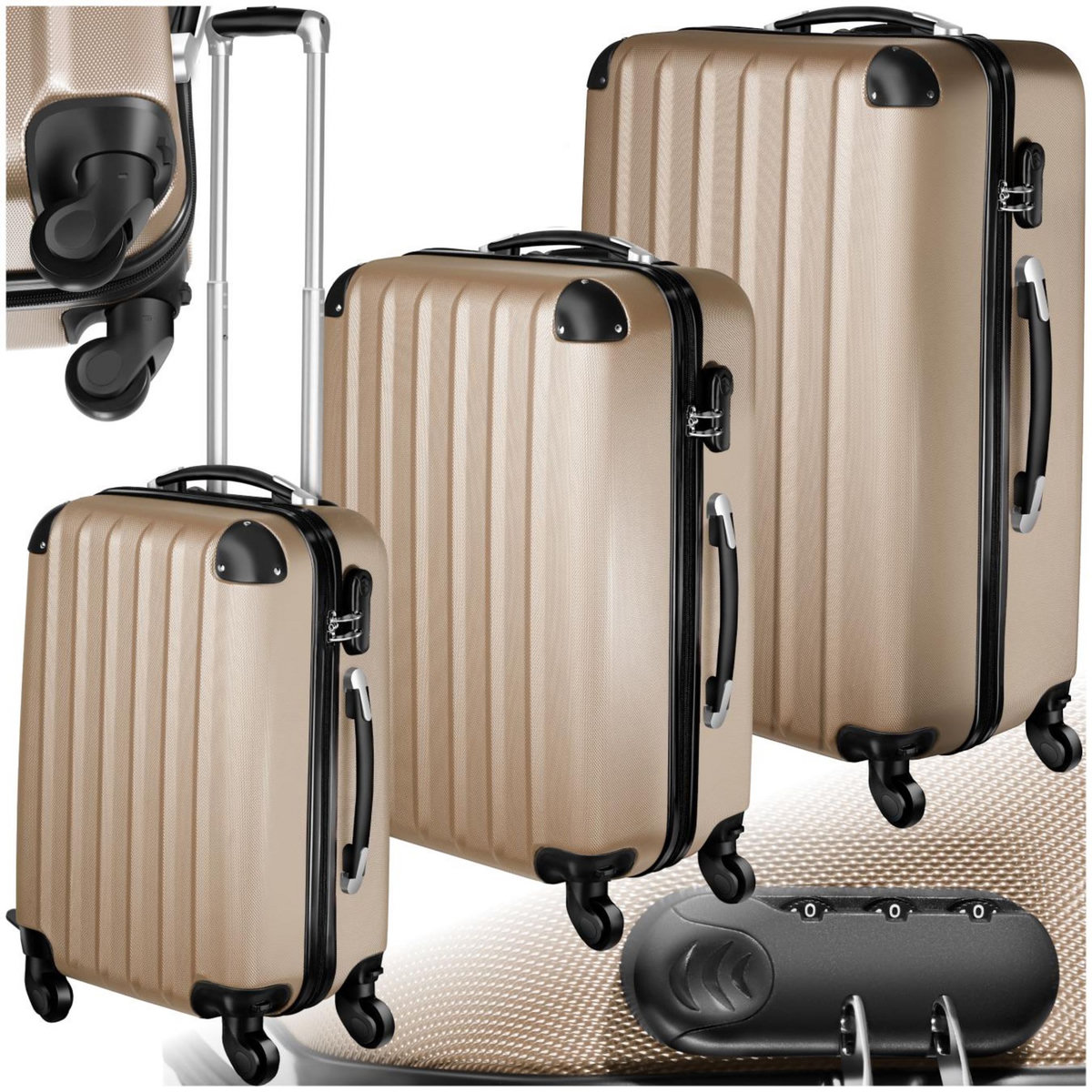 tectake Set de valises trolley rigides 3 parties en plastique ABS robuste champagne