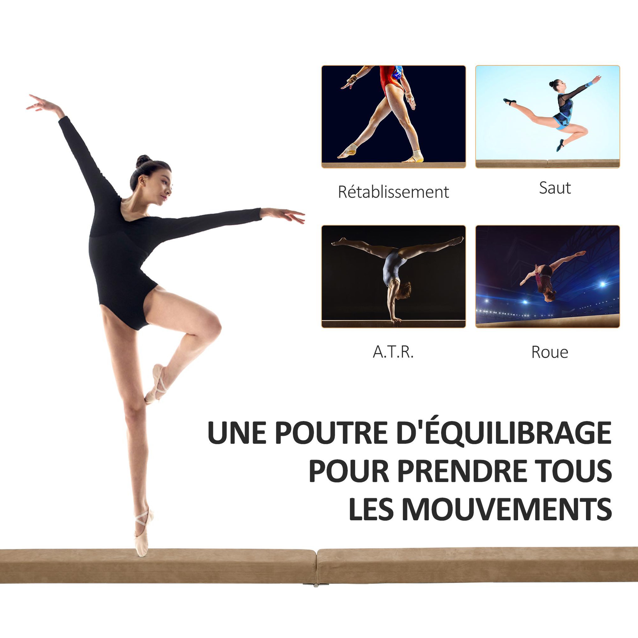 Voir la diapositive 6 : HOMCOM Poutre gymnastique pliable 210 cm - poutre d'équilibre antidérapante - bois de pin toucher daim marron