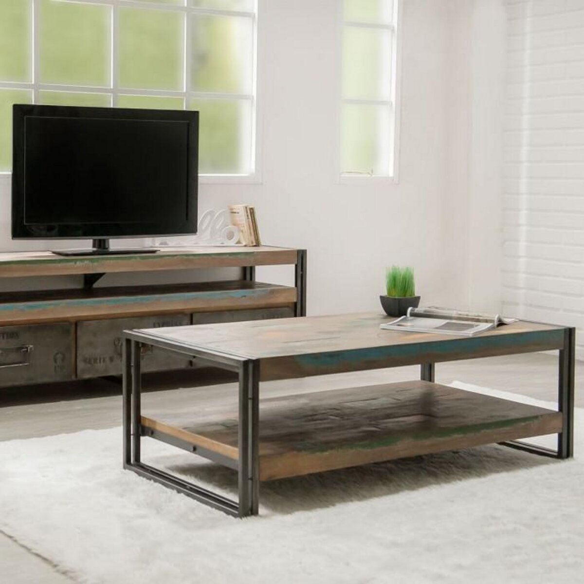 Paris Prix Table Basse Rectangulaire en Teck Industriel  Loft  120cm Marron