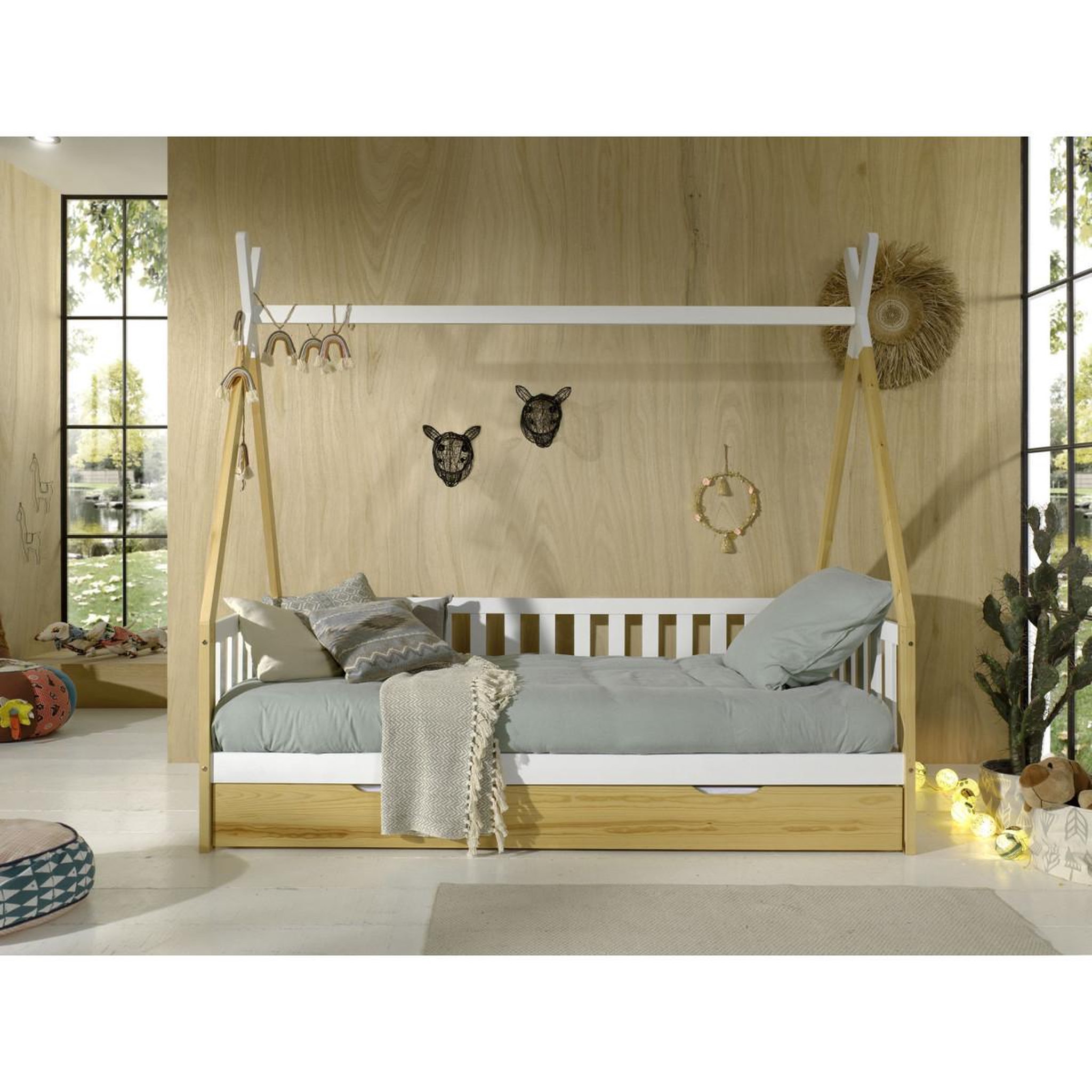 Paris Prix Lit enfant, barrière & tiroir  tipi  90x200cm naturel & blanc