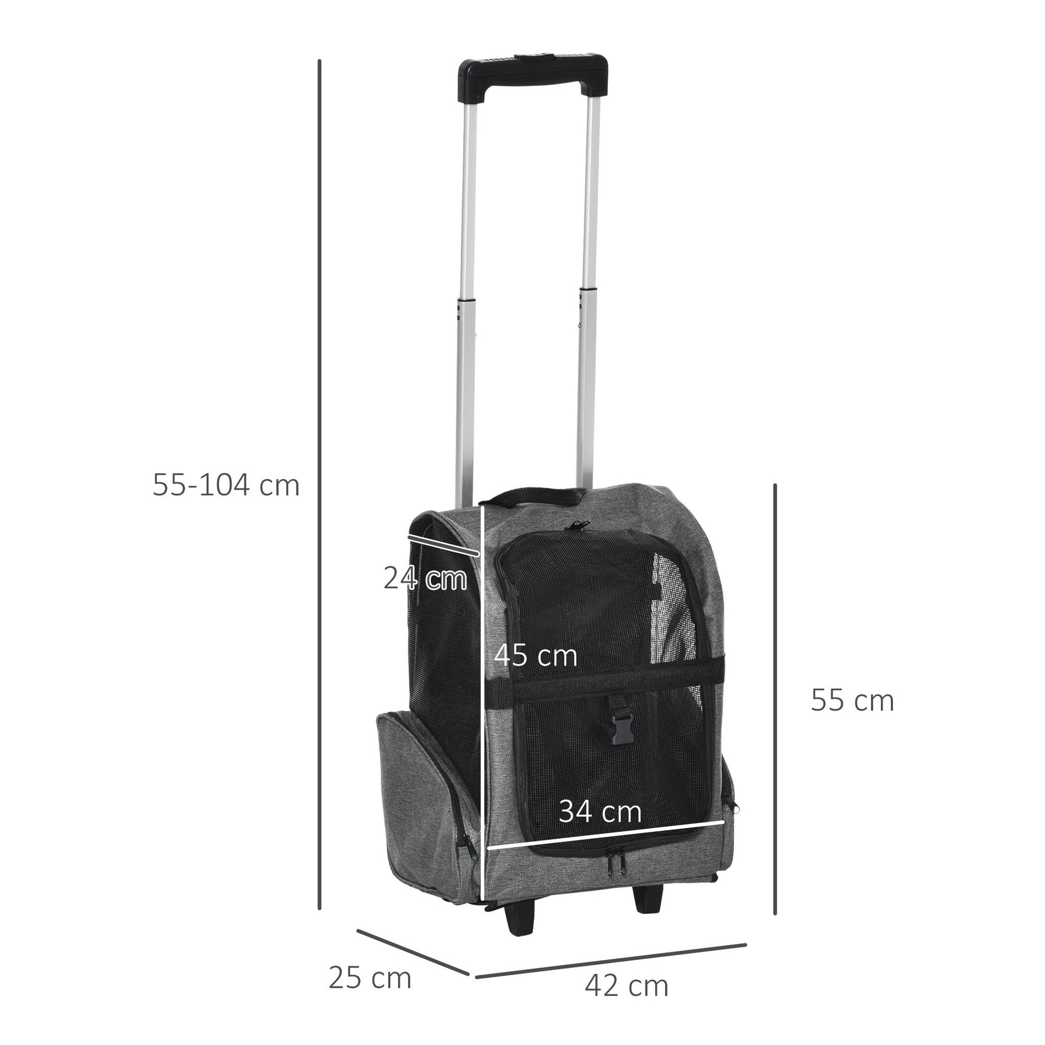 Voir la diapositive 3 : PAWHUT 2 en 1 trolley chariot sac à dos sac de transport à roulettes pour chien chat gris