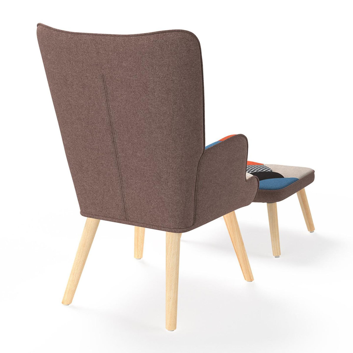 ID MARKET Fauteuil scandinave IVAR avec repose pieds en tissu patchwork multicouleurs