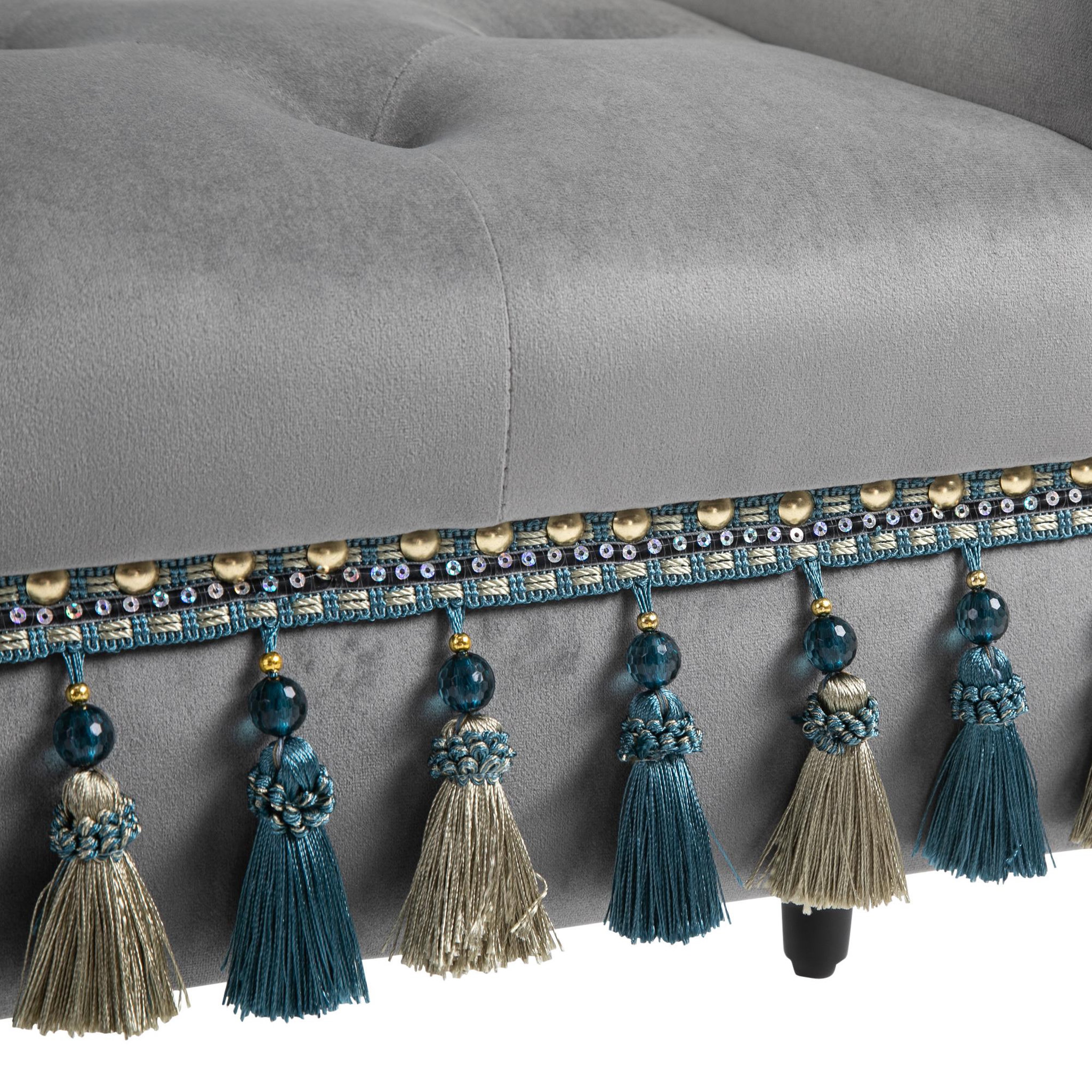 Voir la diapositive 4 : HOMCOM Banc banquette capitonnée design accoudoirs courbés pompons pieds bois hévéa revêtement velours gris