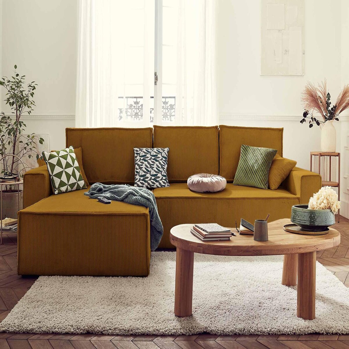 BEST MOBILIER Dellia - canapé d'angle réversible convertible - avec coffre - en velours côtelé - 4 places