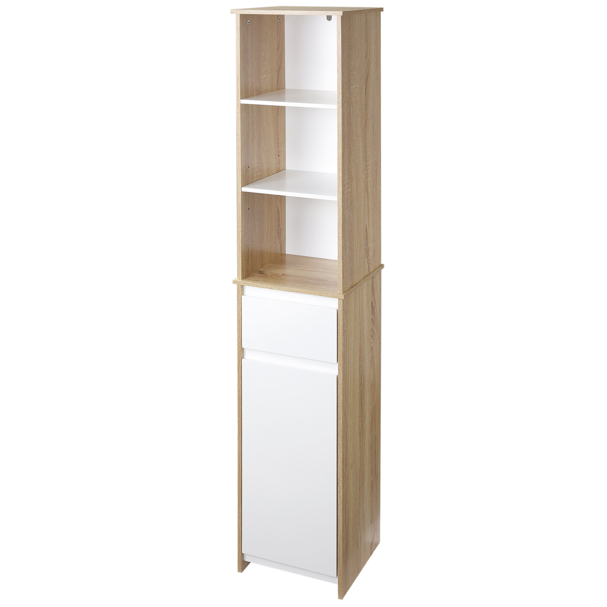 Voir la diapositive 1 : KLEANKIN Meuble colonne rangement salle de bain style cosy 3 niches tiroir placard avec étagère blanc aspect chêne clair