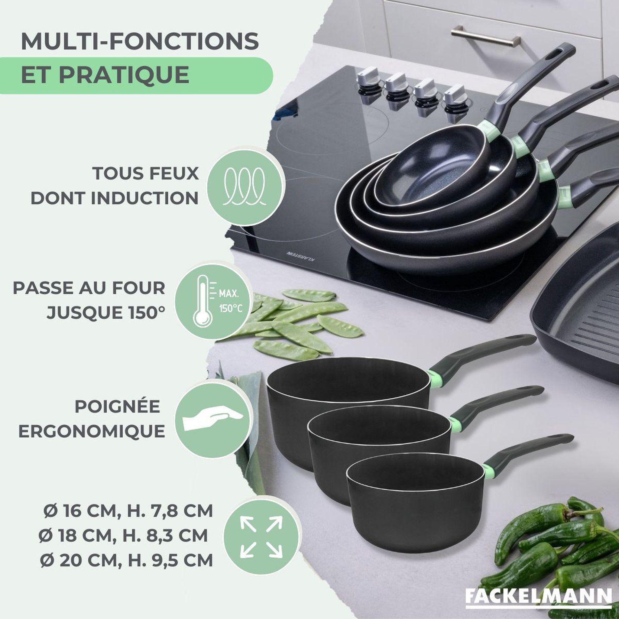 Voir la diapositive 3 : Fackelmann Set de 3 casseroles antiadhésives céramique 16, 18 et 20 cm fackelmann brandao