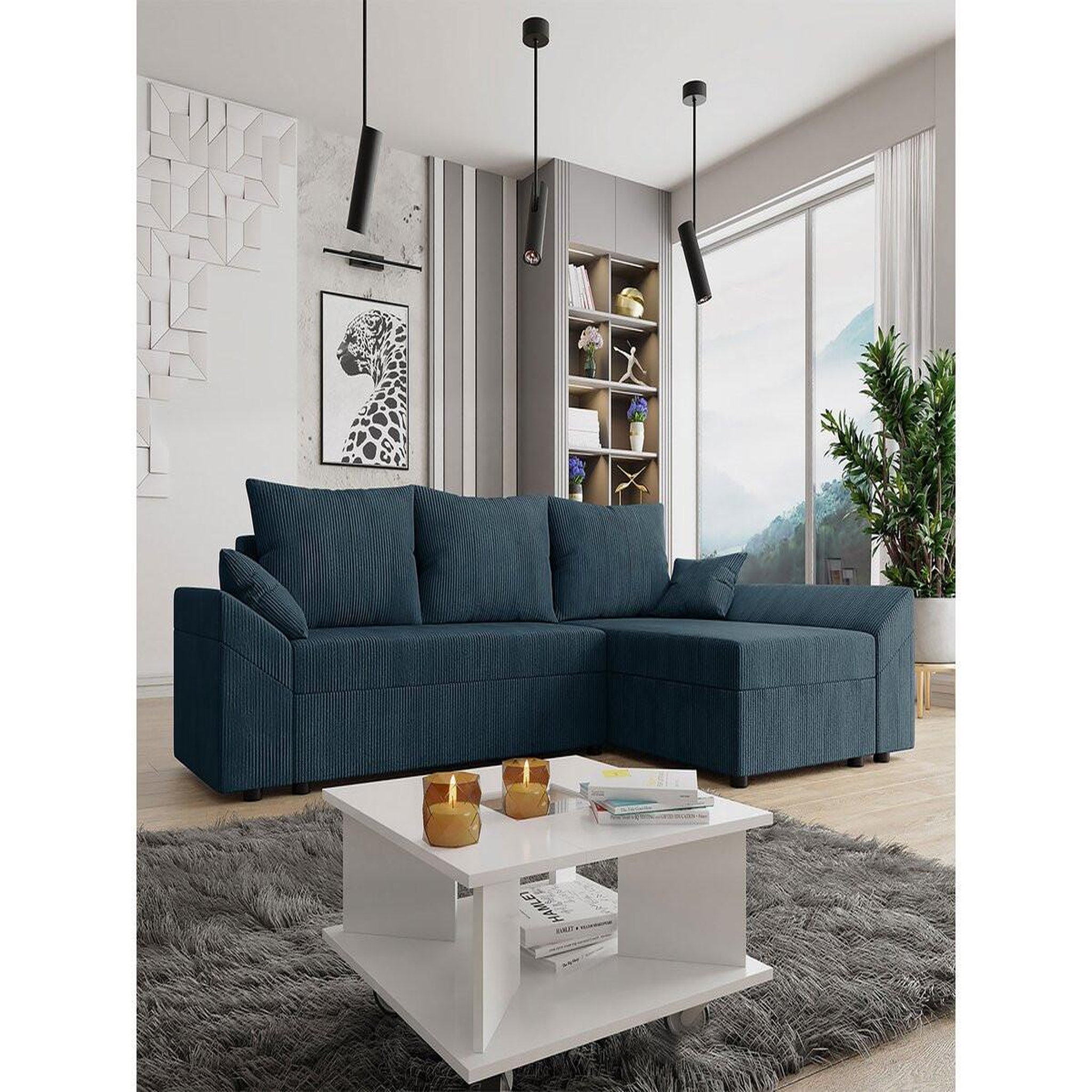 Voir la diapositive 2 : Habitat et Jardin Canapé d'angle convertible avec coffre  vaugirard  en velours côtelé - 3 places - bleu