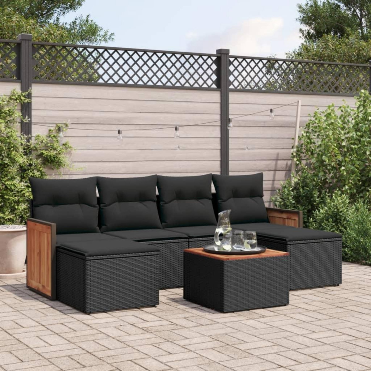 VIDAXL Salon de jardin 7 pcs avec coussins noir resine tressee