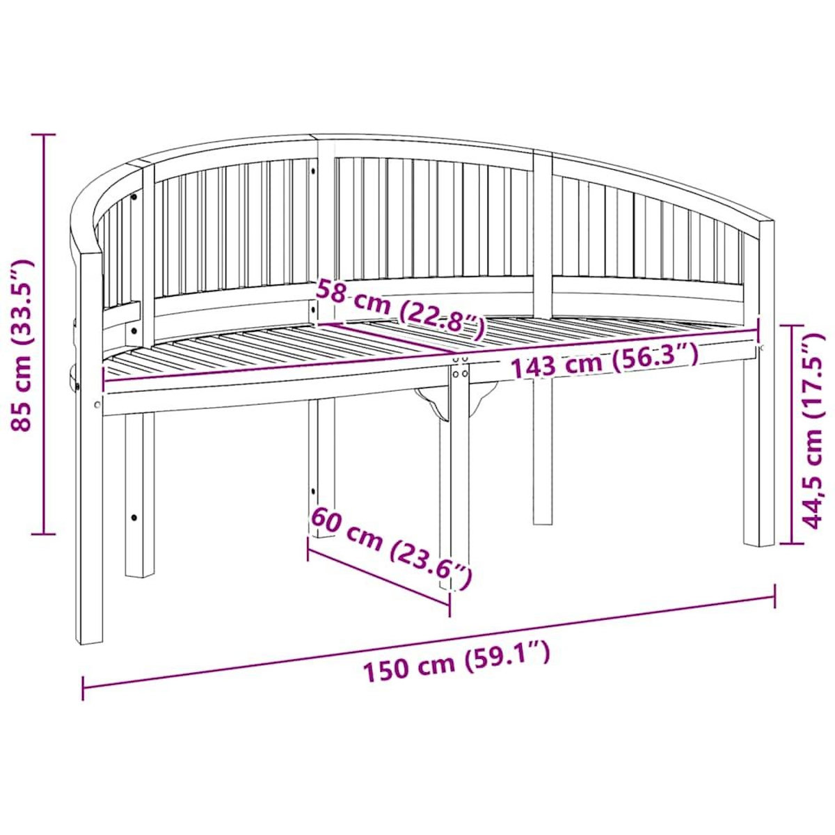 VIDAXL Banc de jardin en forme de banane 151 cm Teck solide