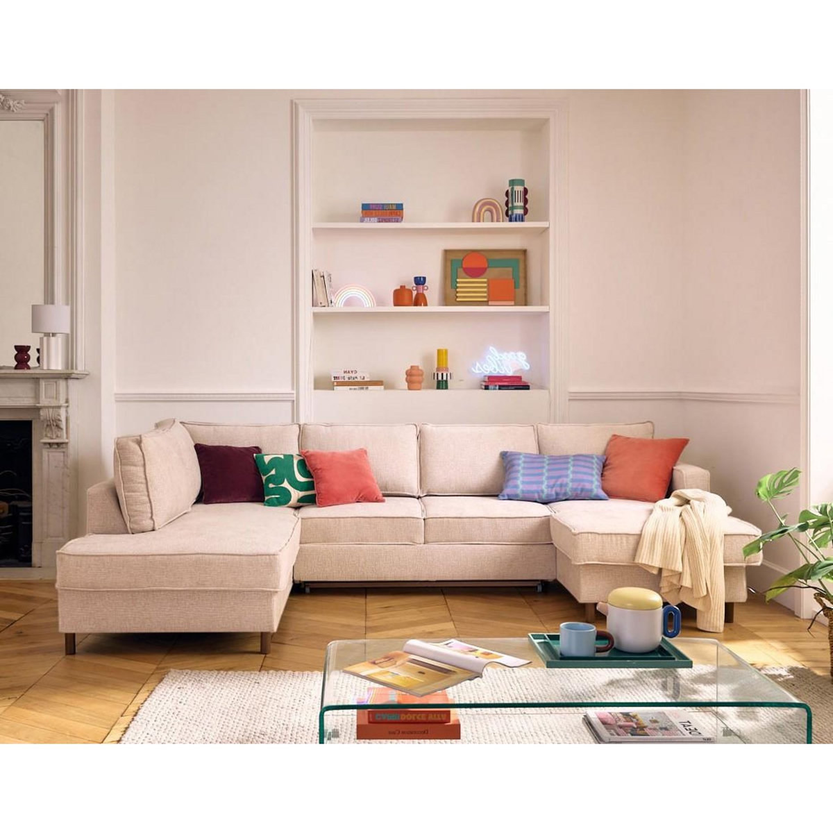 LISA DESIGN Jake - canapé panoramique d'angle gauche 7 places convertible avec coffre en tissu velours relief