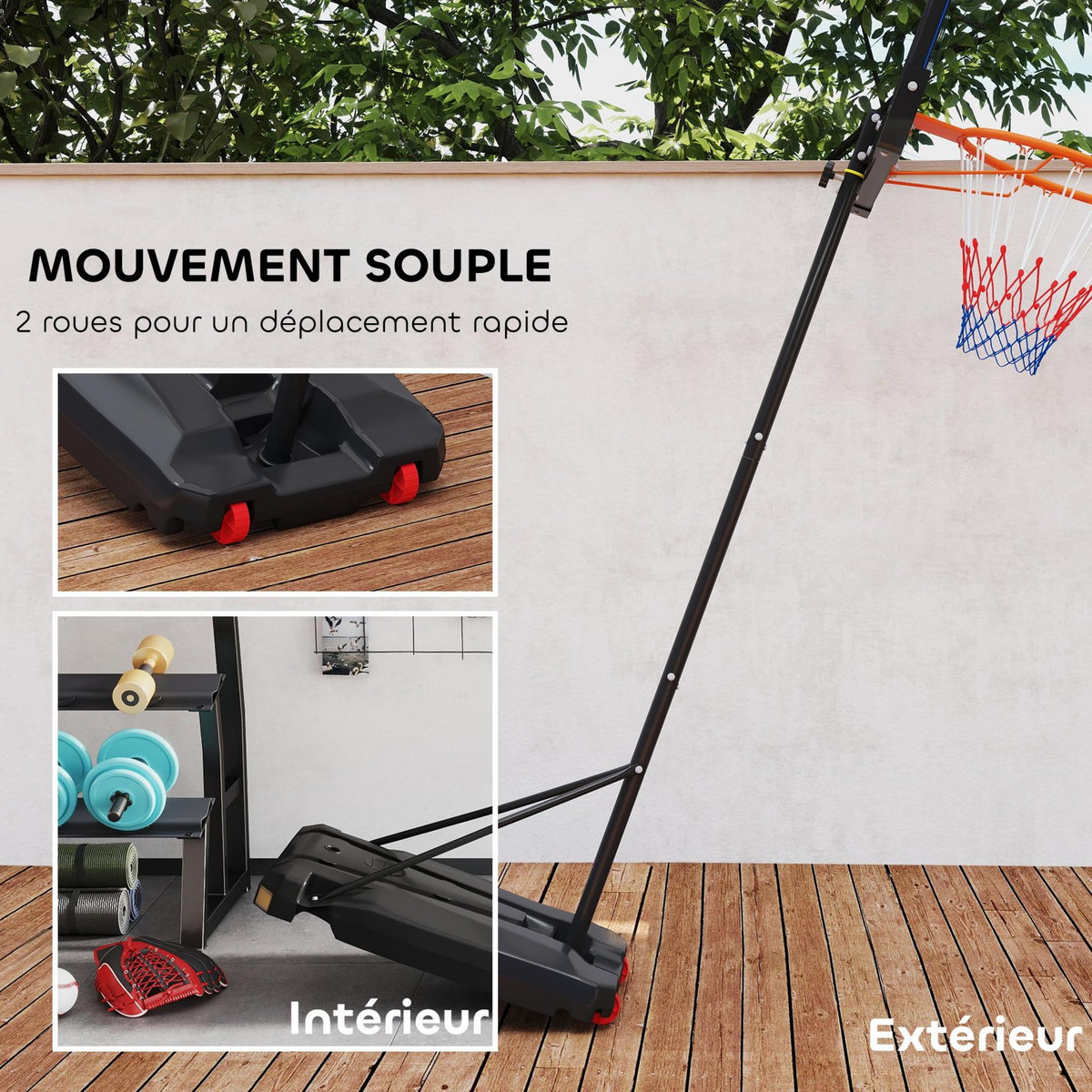 HOMCOM Panier de basketball sur pied - hauteur réglable 210-260 cm - base de lestage 2 roulettes - acier PVC bleu noir