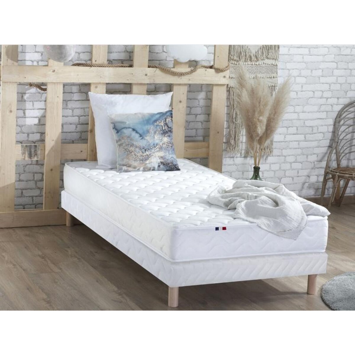 Ensemble Matelas Mousse Accueil Latex 3 Zones + Sommier 90x200 cm Blanc TOULON