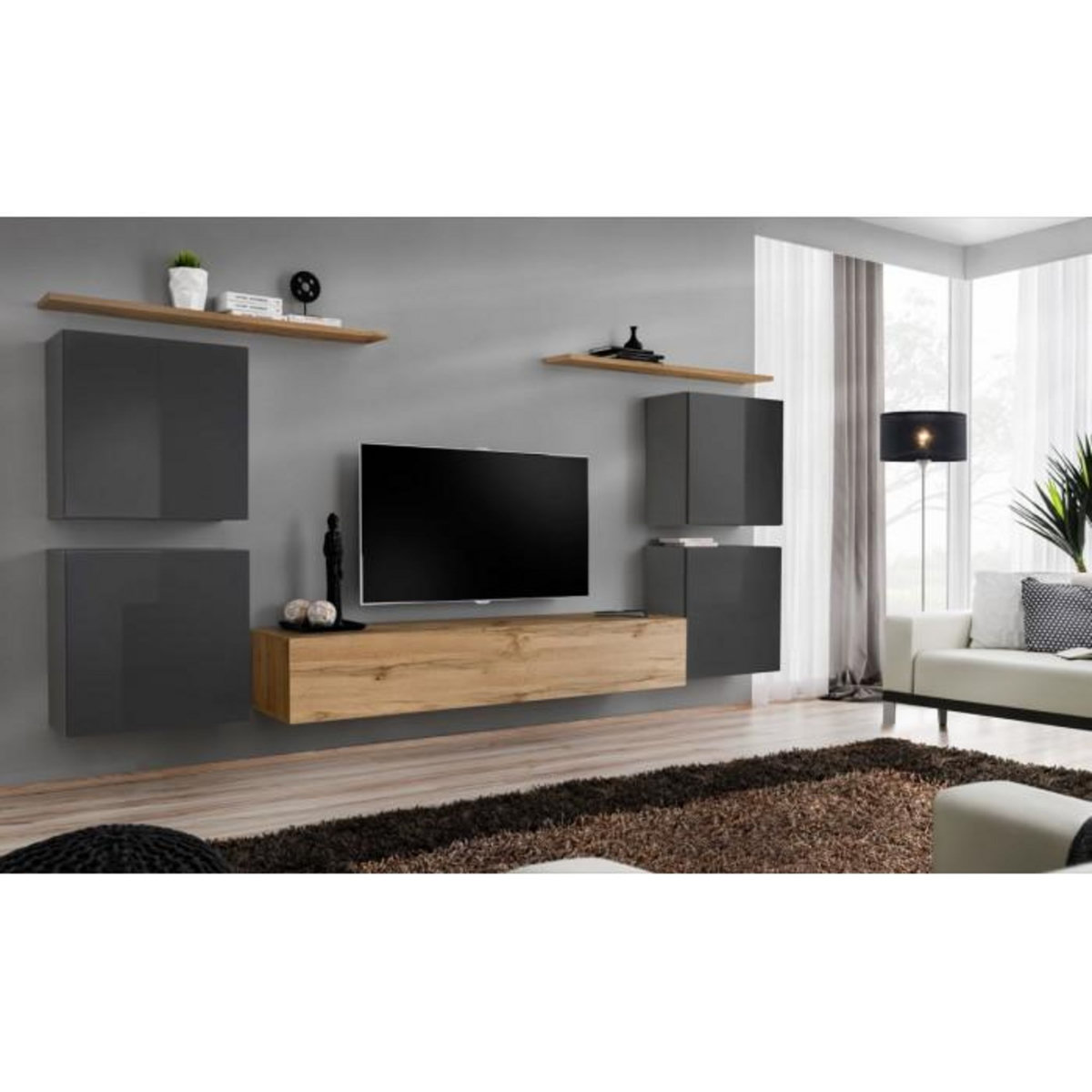 Paris Prix Meuble TV Mural Design  Switch IV  320cm Gris & Naturel