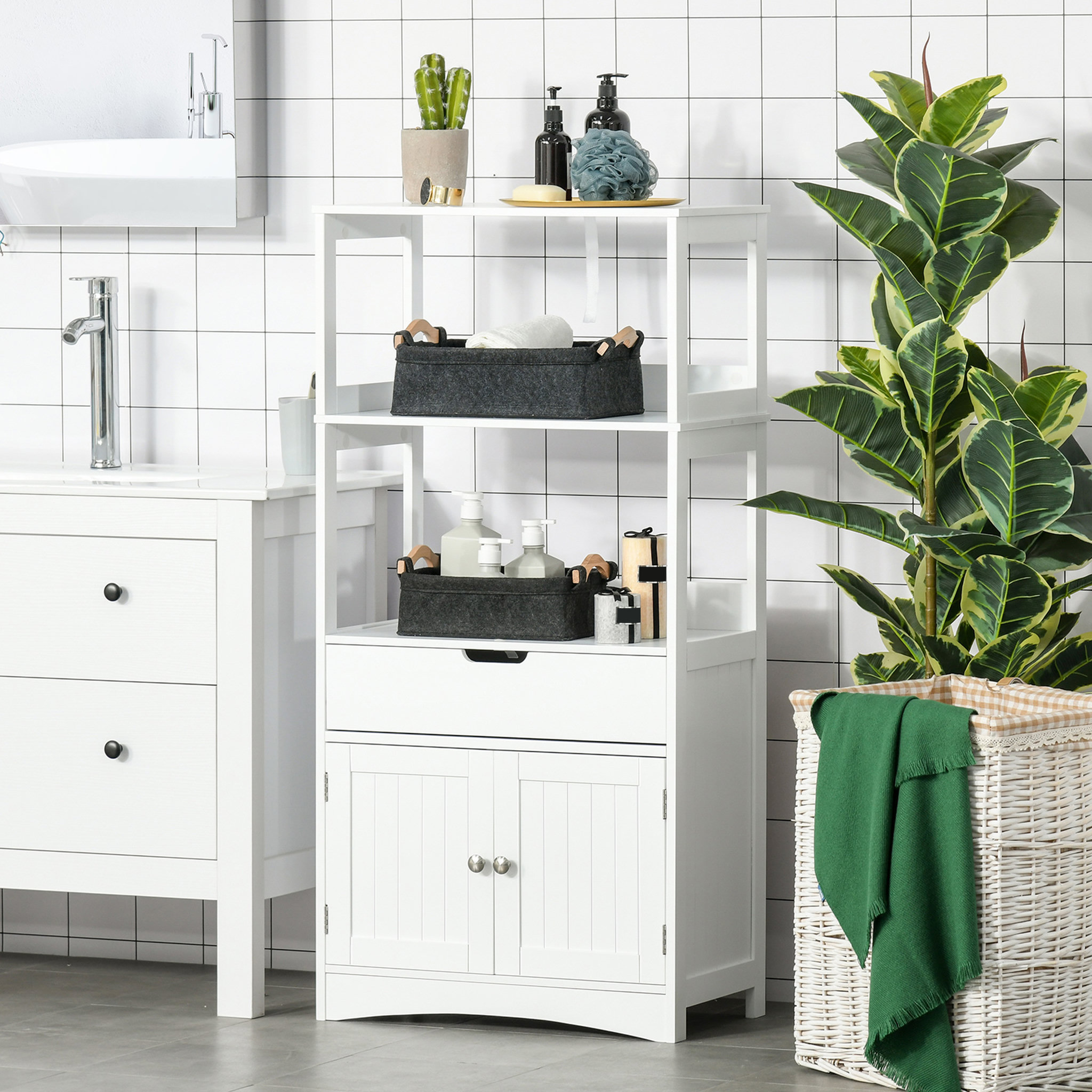 Voir la diapositive 2 : KLEANKIN Meuble de rangement salle de bain - 2 portes, tiroir, 3 étagères - dim. 60L x 33l x 122H cm - MDF blanc