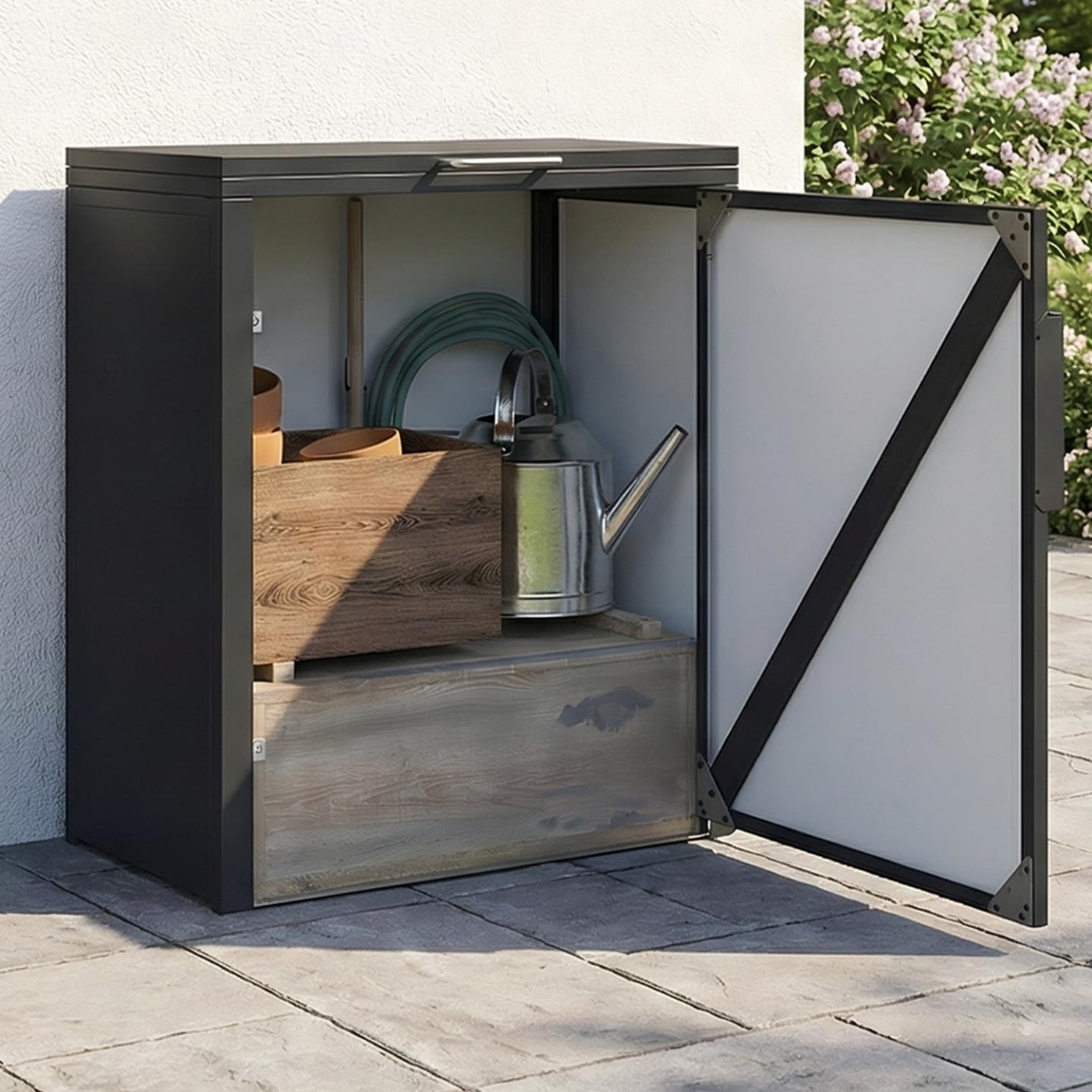 Voir la diapositive 4 : ID MARKET Armoire de jardin en métal 70 x 40 x 80 cm gris anthracite avec toit relevable double porte et étagère