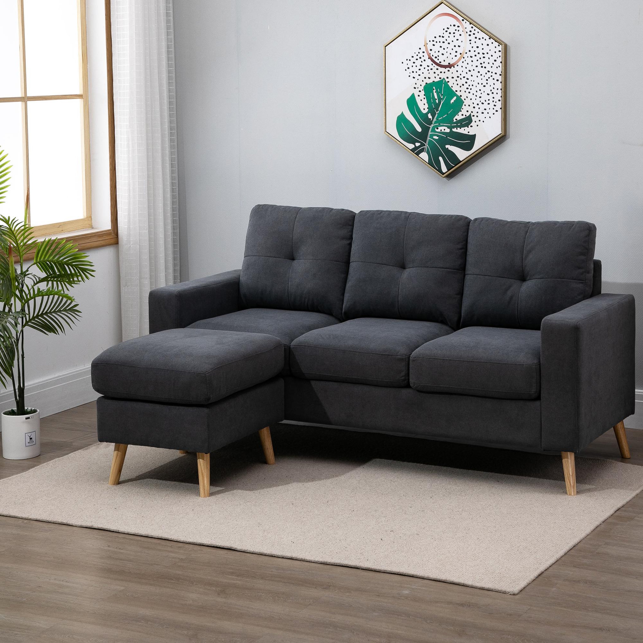 Voir la diapositive 2 : HOMCOM Canapé d'angle 3 places design scandinave - dossier effet capitonné, repose-pied amovible - piètement bois tissu anthracite