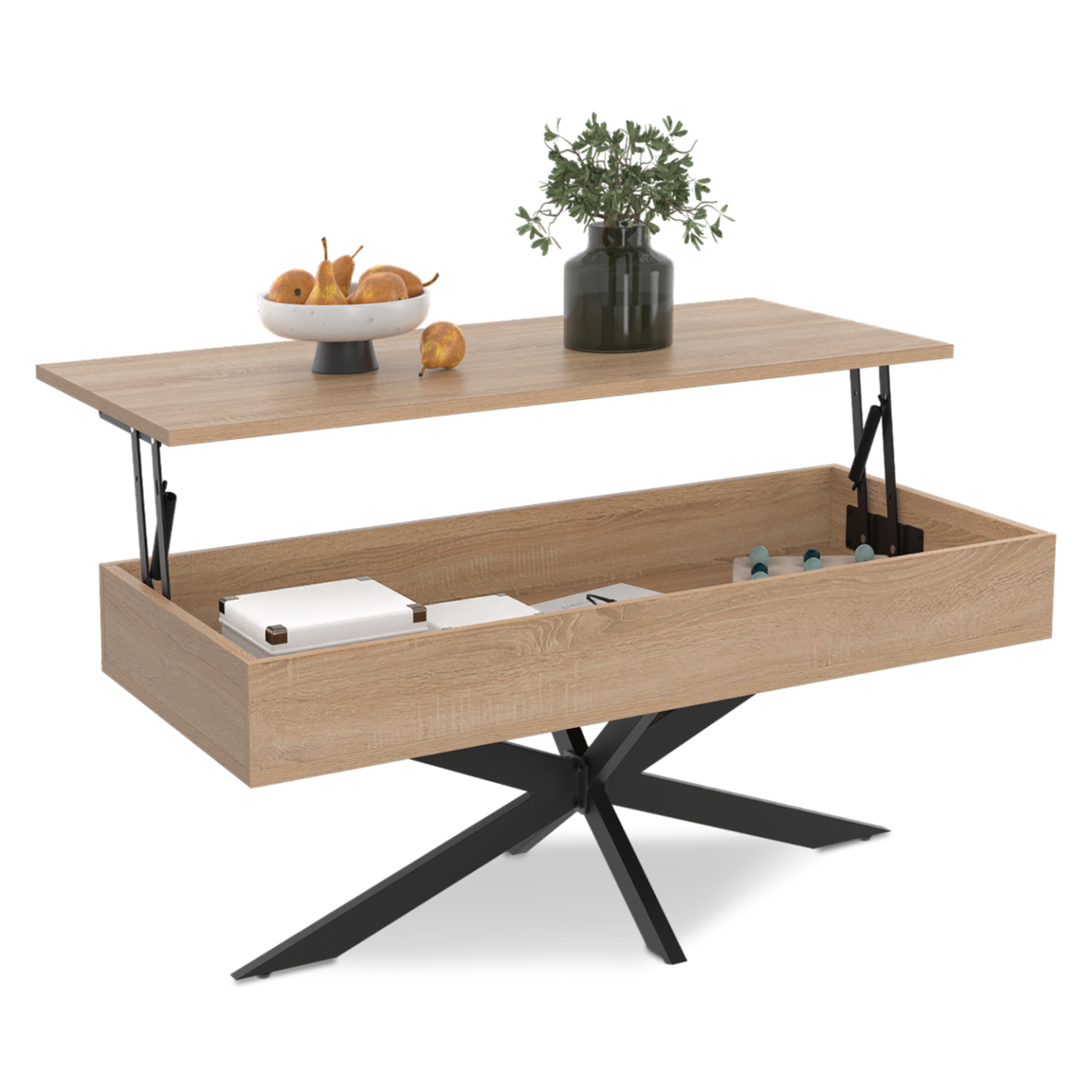 ID MARKET Table basse plateau relevable rectangulaire alix 100 cm pied araignée bois et noir