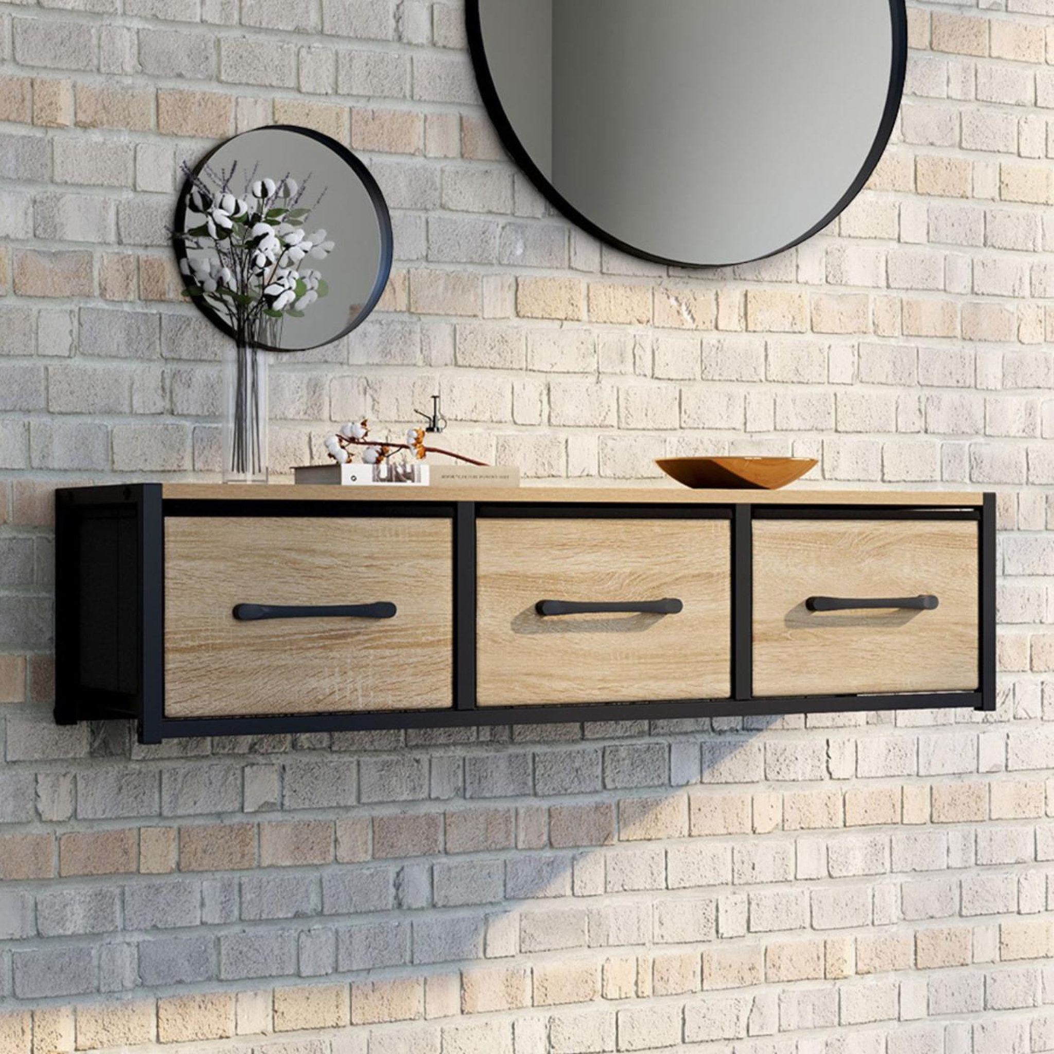 Voir la diapositive 2 : ID MARKET Étagère murale console d'entrée utah 3 tiroirs design industriel