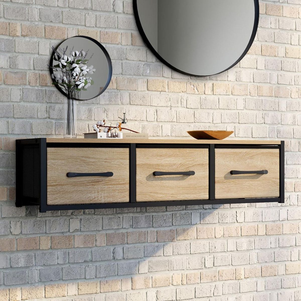 ID MARKET Étagère murale console d'entrée UTAH 3 tiroirs design industriel