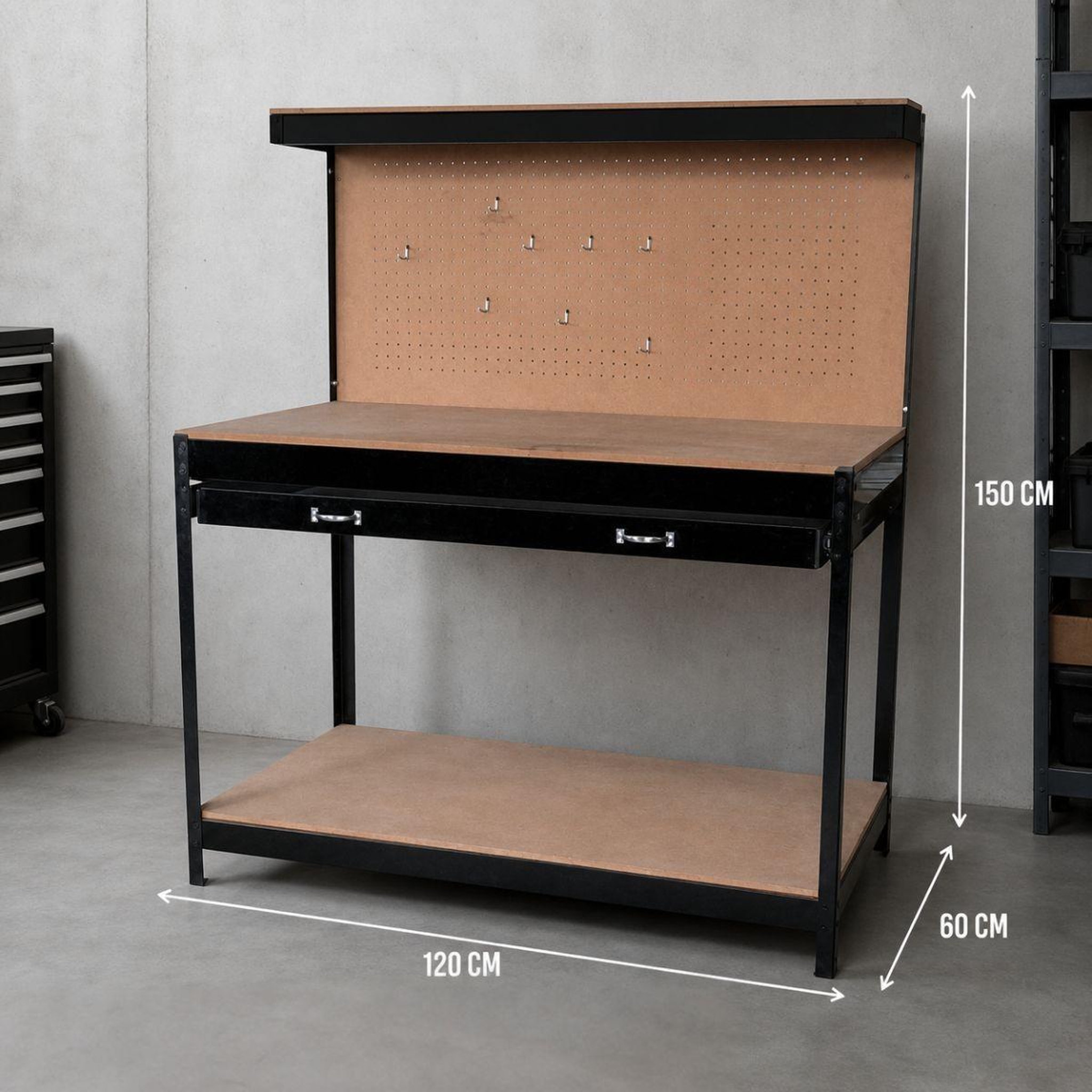 Voir la diapositive 2 : Proweltek Etabli d'atelier panneau porte outils perforé 120x60 xh150cm etagère + grand tiroir de rangement proweltek