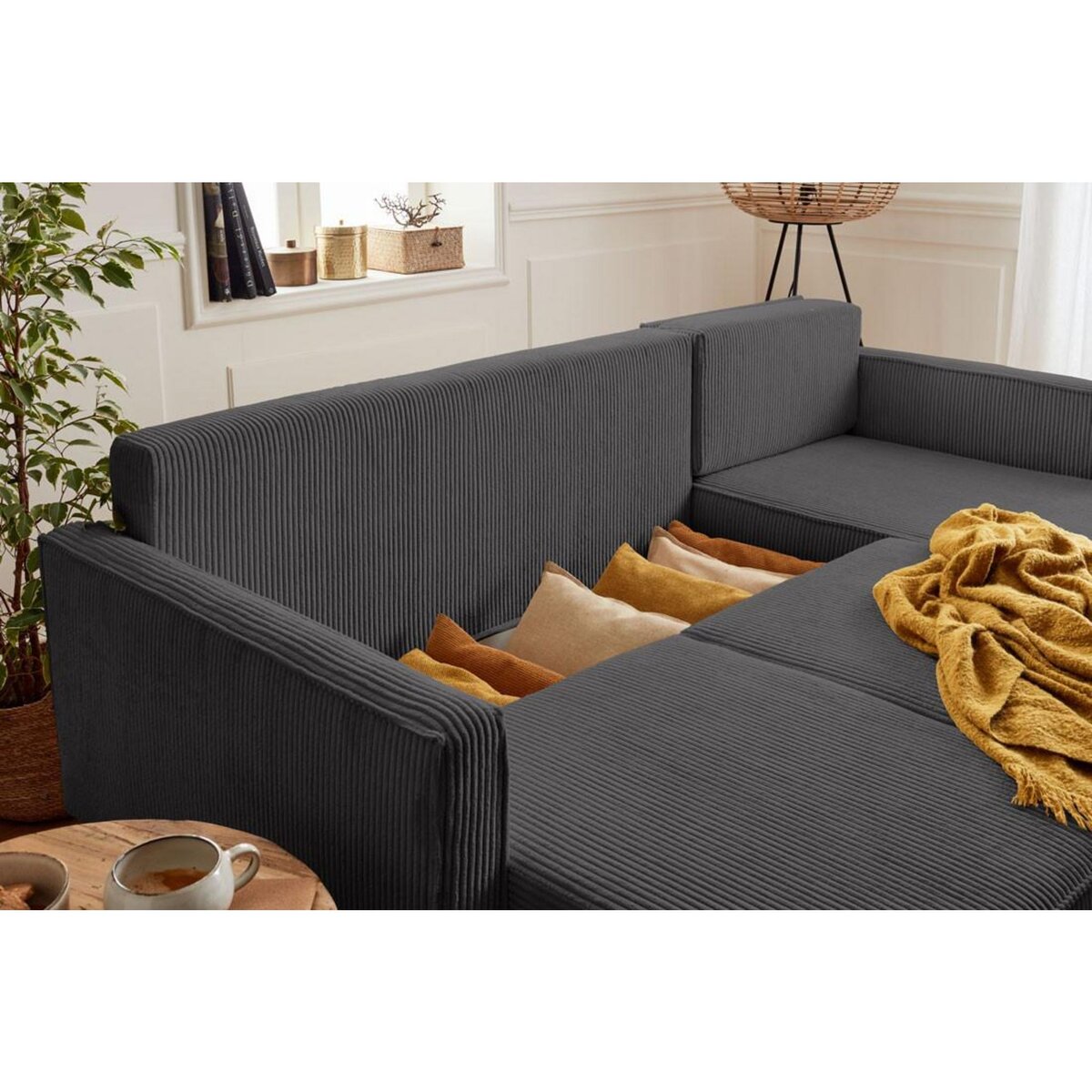 LISA DESIGN Charlie - canapé d'angle réversible - 4 places - convertible avec coffre - en velours côtelé