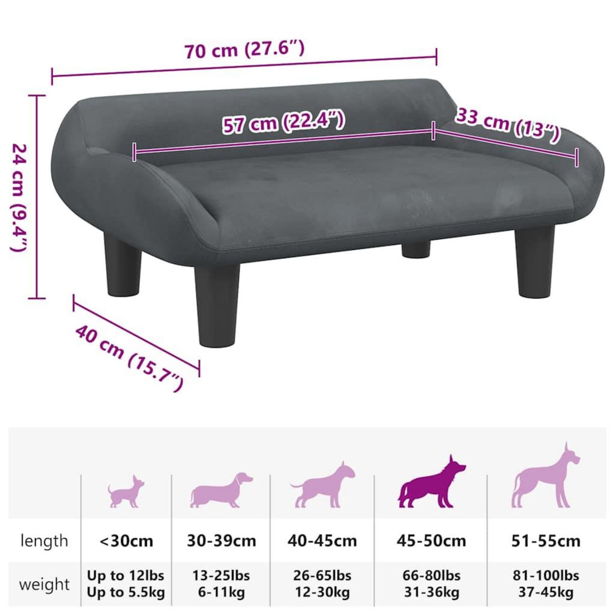 VIDAXL Lit pour chien gris fonce 70x40x24 cm velours