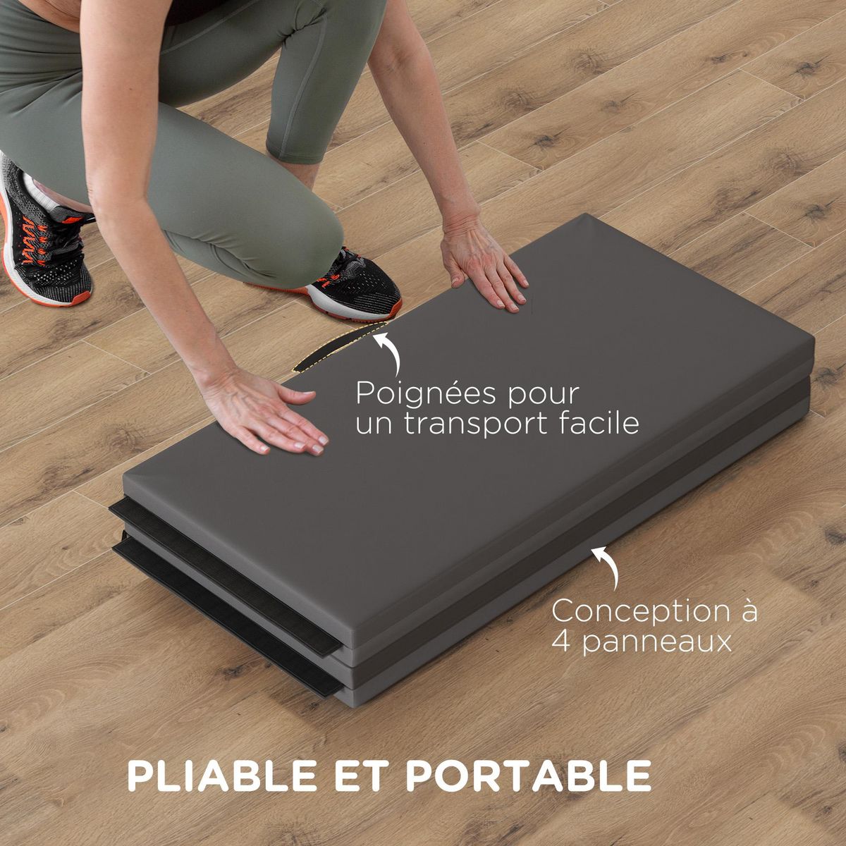HOMCOM Tapis de gym yoga fitness pliable - poignée - revêtement synthétique - gris
