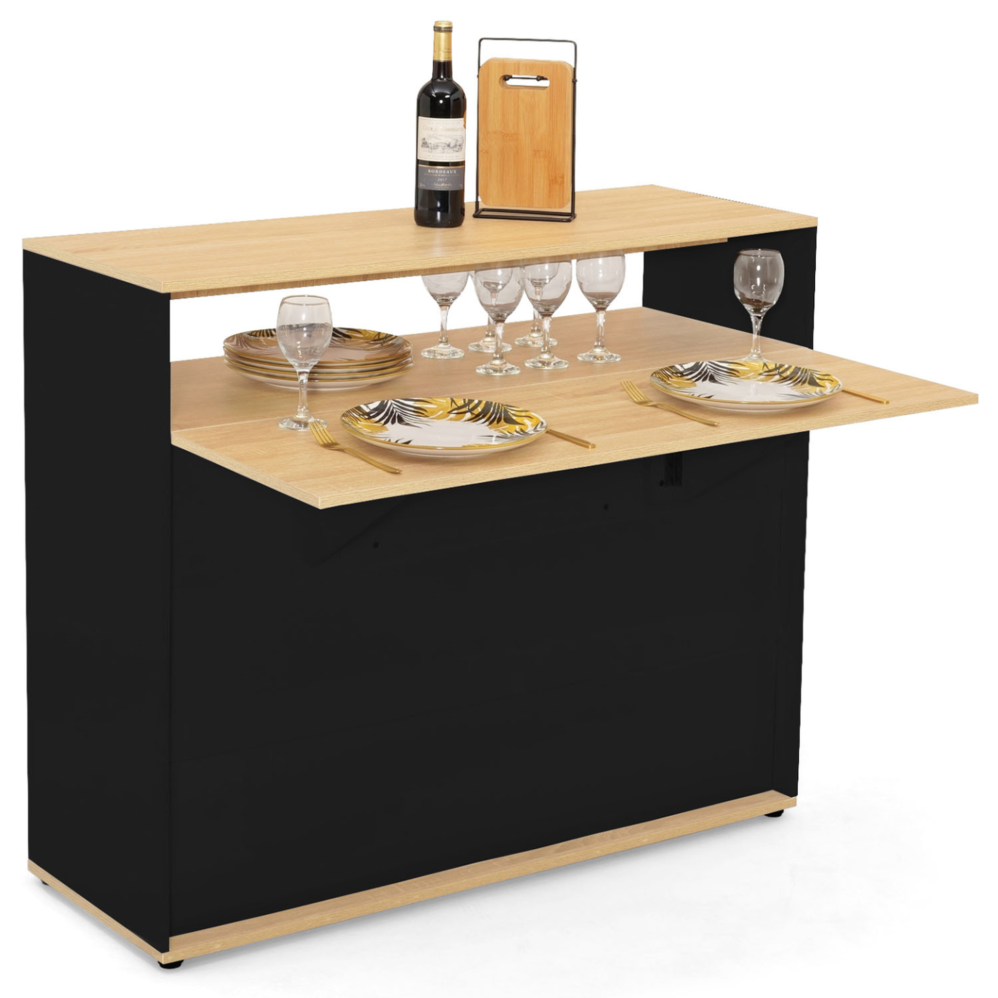 ID MARKET Meuble de bar extensible en table à manger 2 personnes vito noir et plateau bois