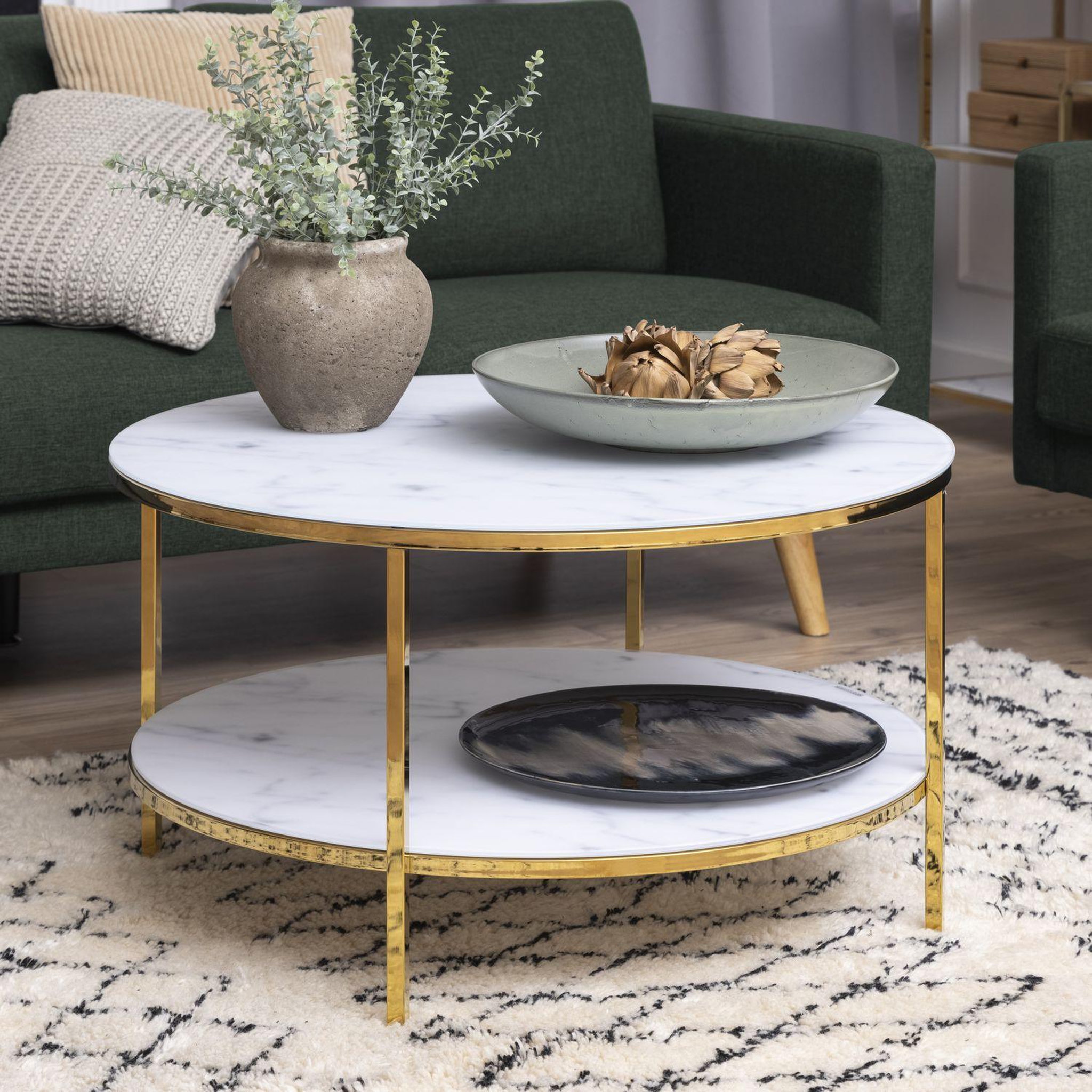 Voir la diapositive 2 : TOILINUX Table basse ronde effet marbre en verre et métal 2 niveaux